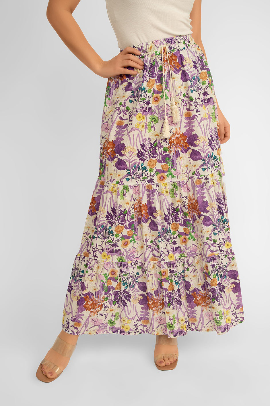 Juilietta (H2142-M32_A3320-M2) Women's Maxi  Length Tiered Skirt in a Purple and multi-coloured floral print