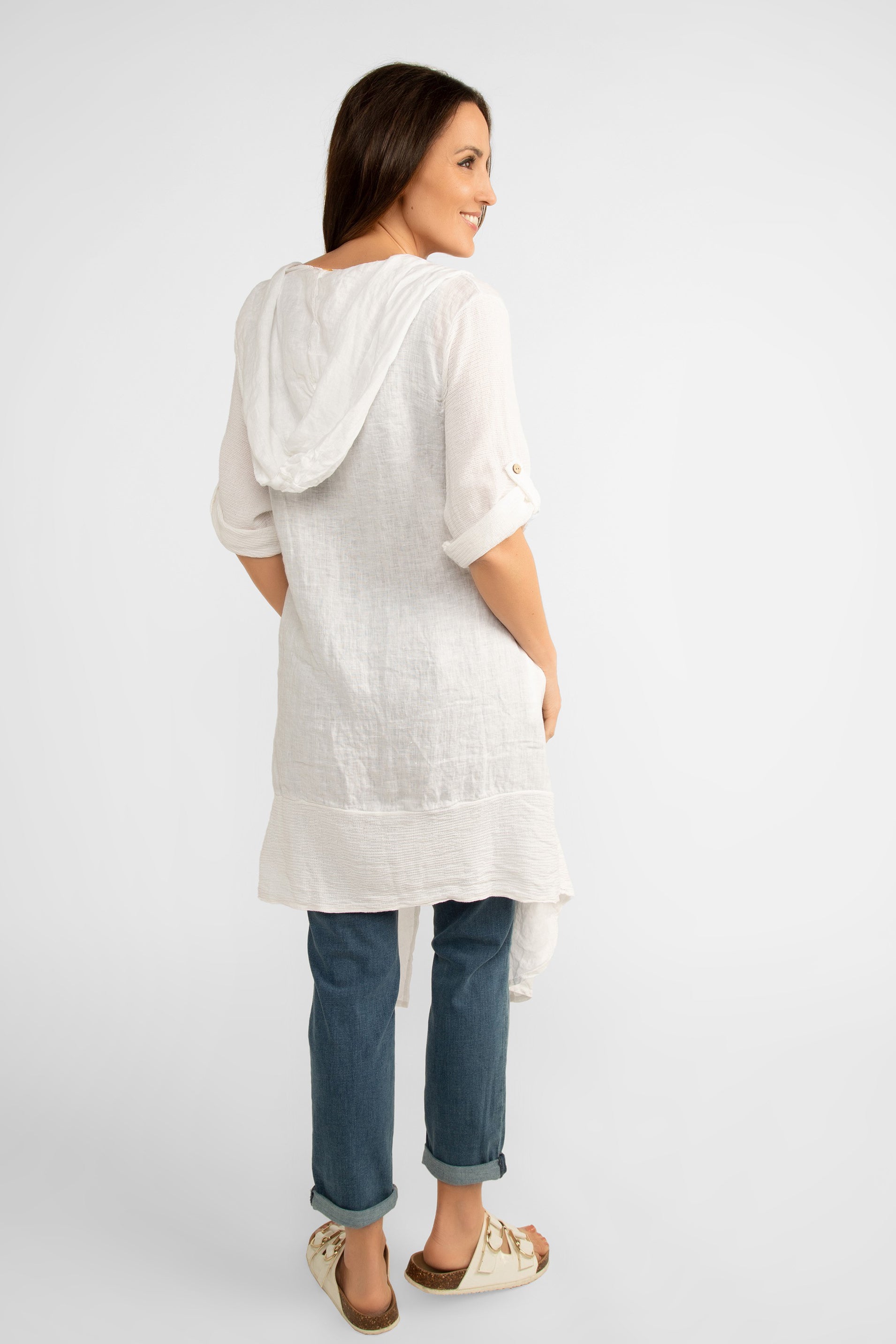 Back view of Me & Gee Women's Hooded Summer Cover-Up With Short Roll Tab Sleeves in White