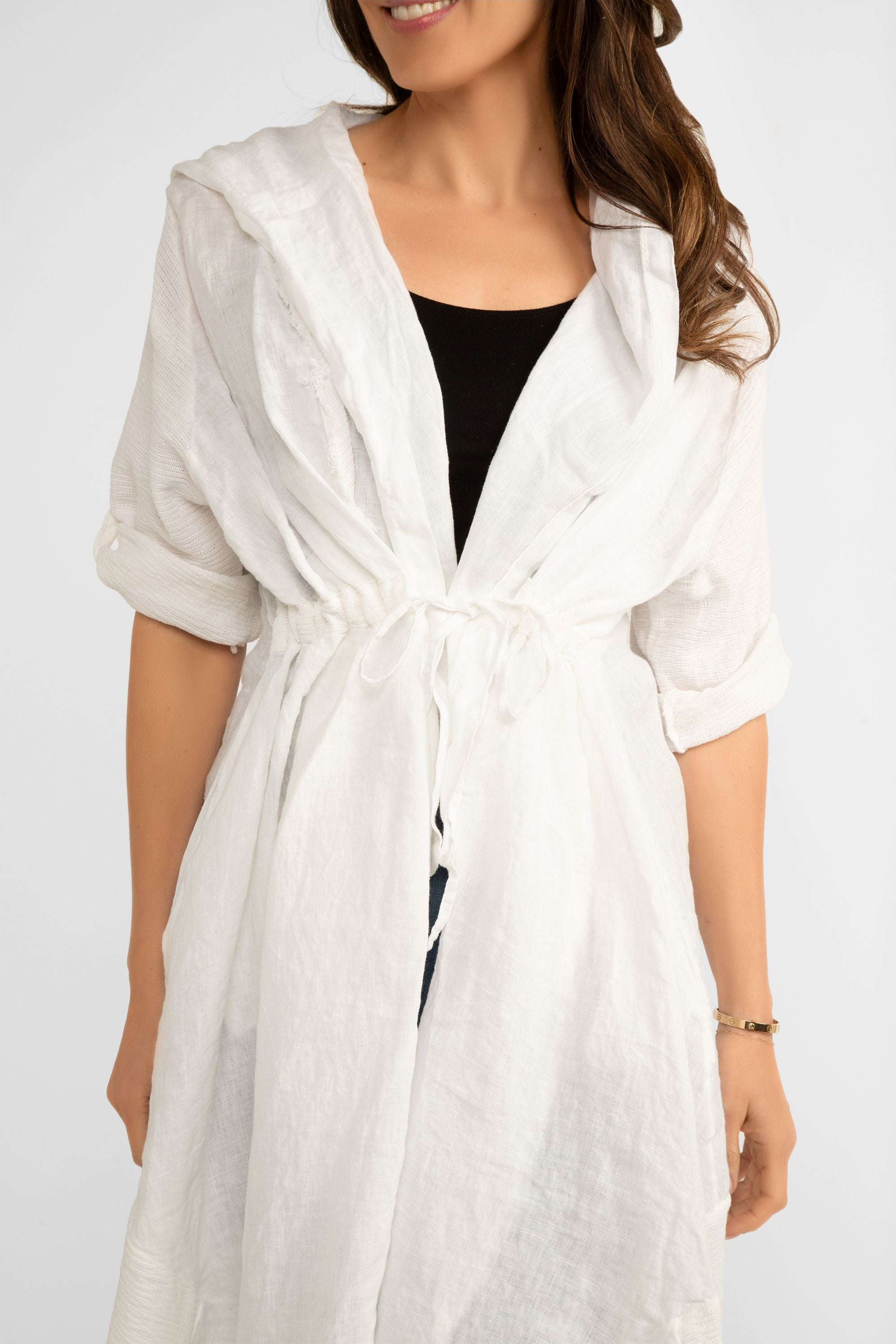 Close up front view of Me & Gee Women's Hooded Summer Cover-Up With Short Roll Tab Sleeves in White