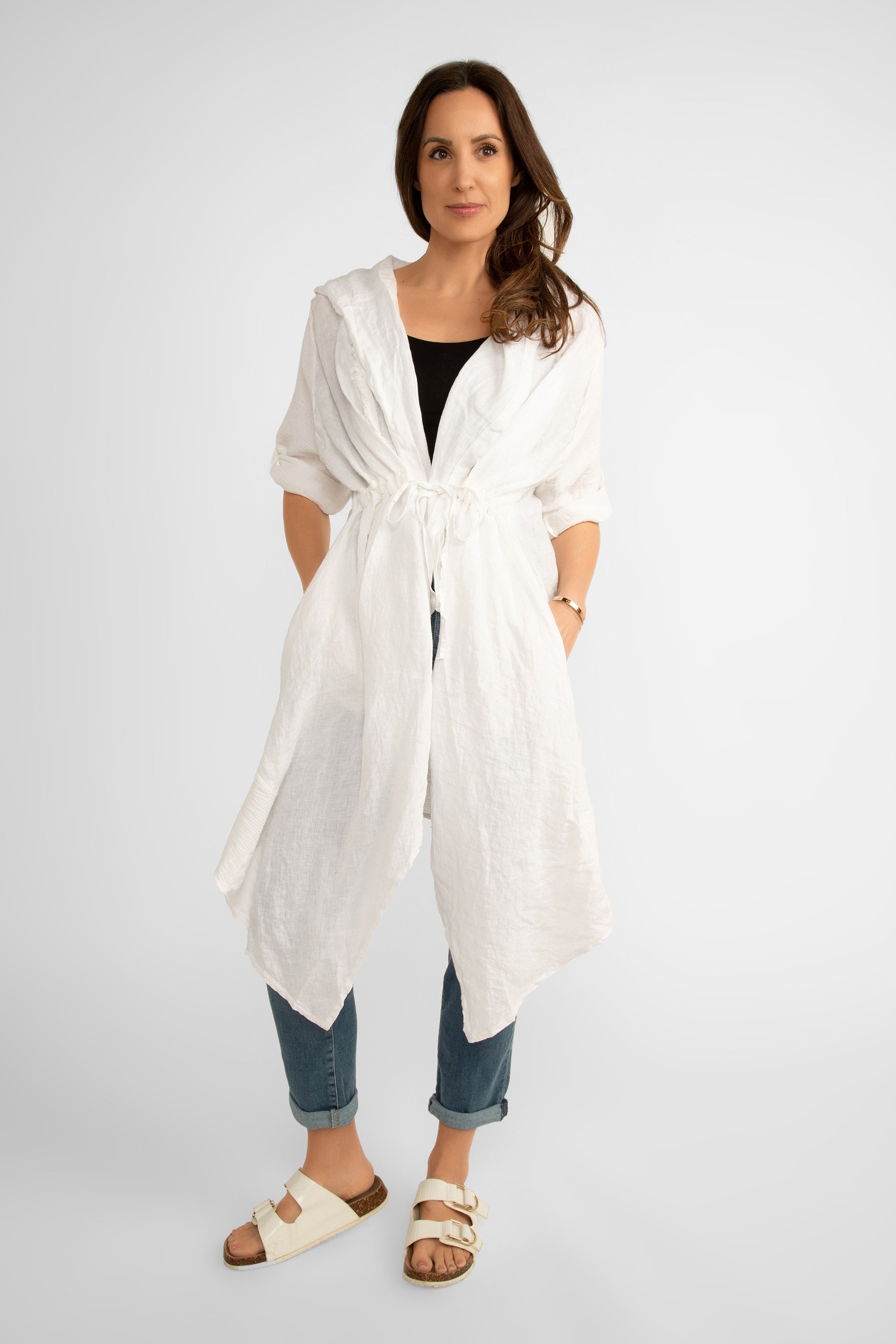 Front view of Me & Gee Women's Hooded Summer Cover-Up With Short Roll Tab Sleeves in White