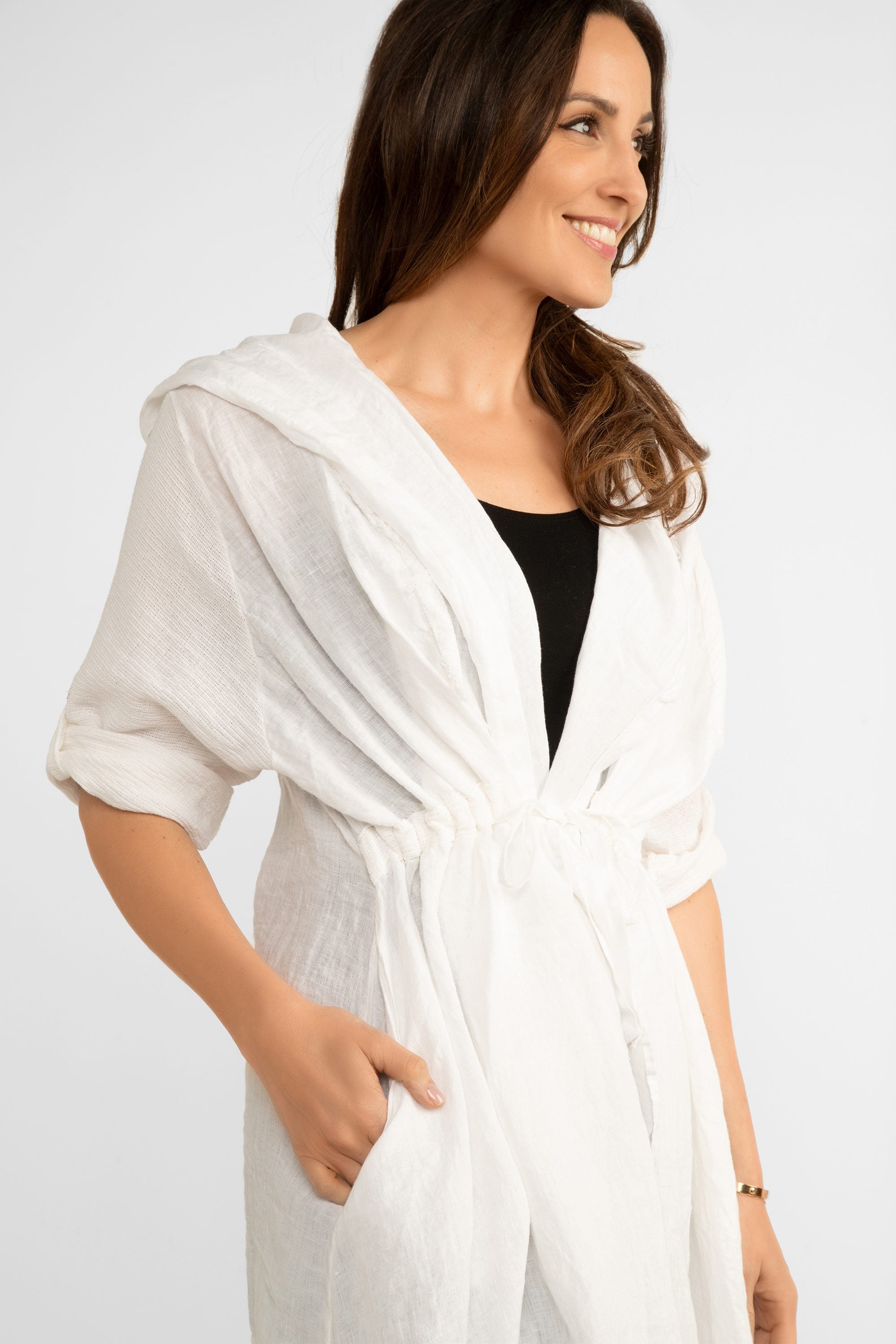 Front close up of Me & Gee Women's Hooded Summer Cover-Up With Short Roll Tab Sleeves in White