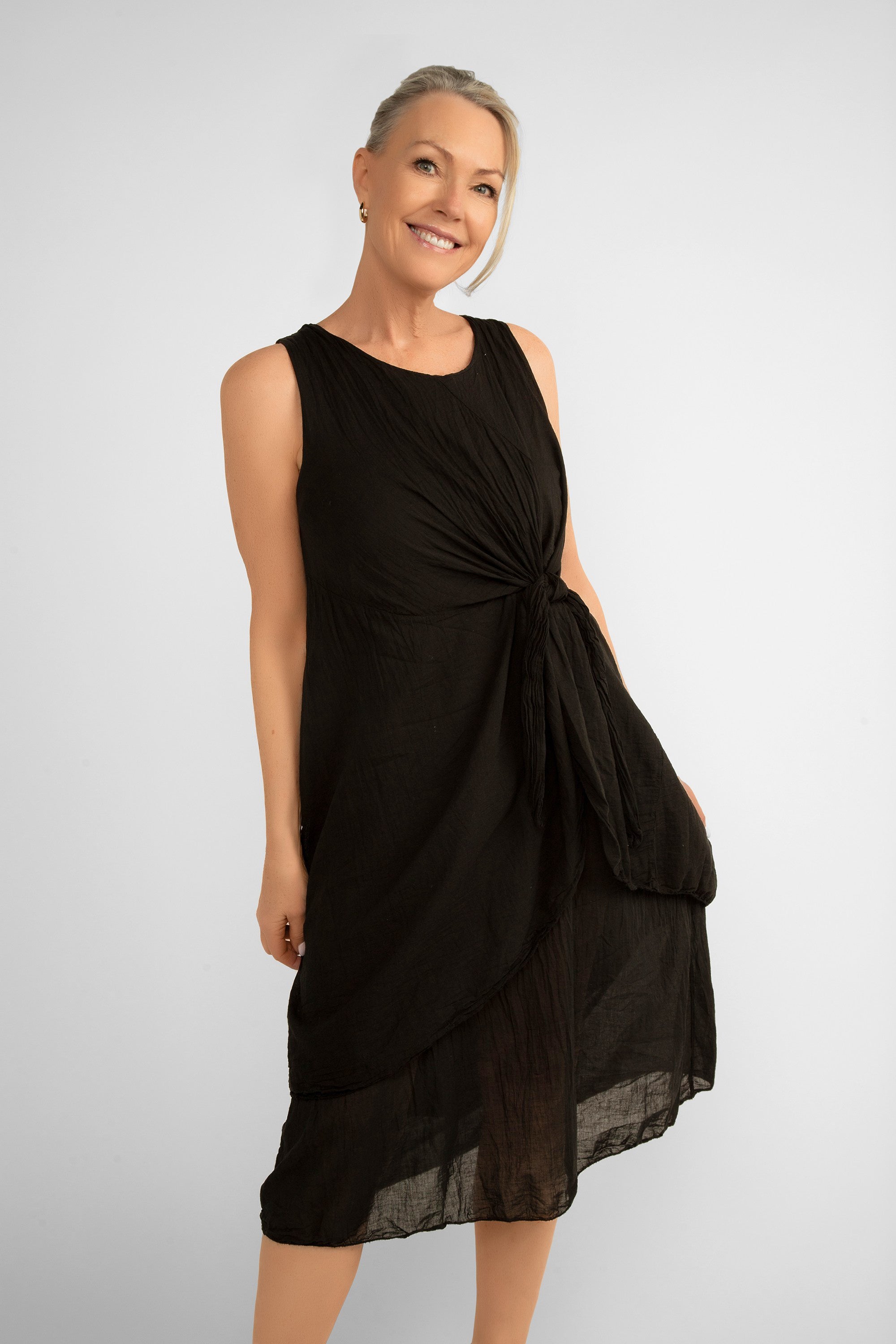 Front view of Me & Gee (12-1208) Women's Sleeveless Front Knot Midi Dress Made from layered cotton in Black