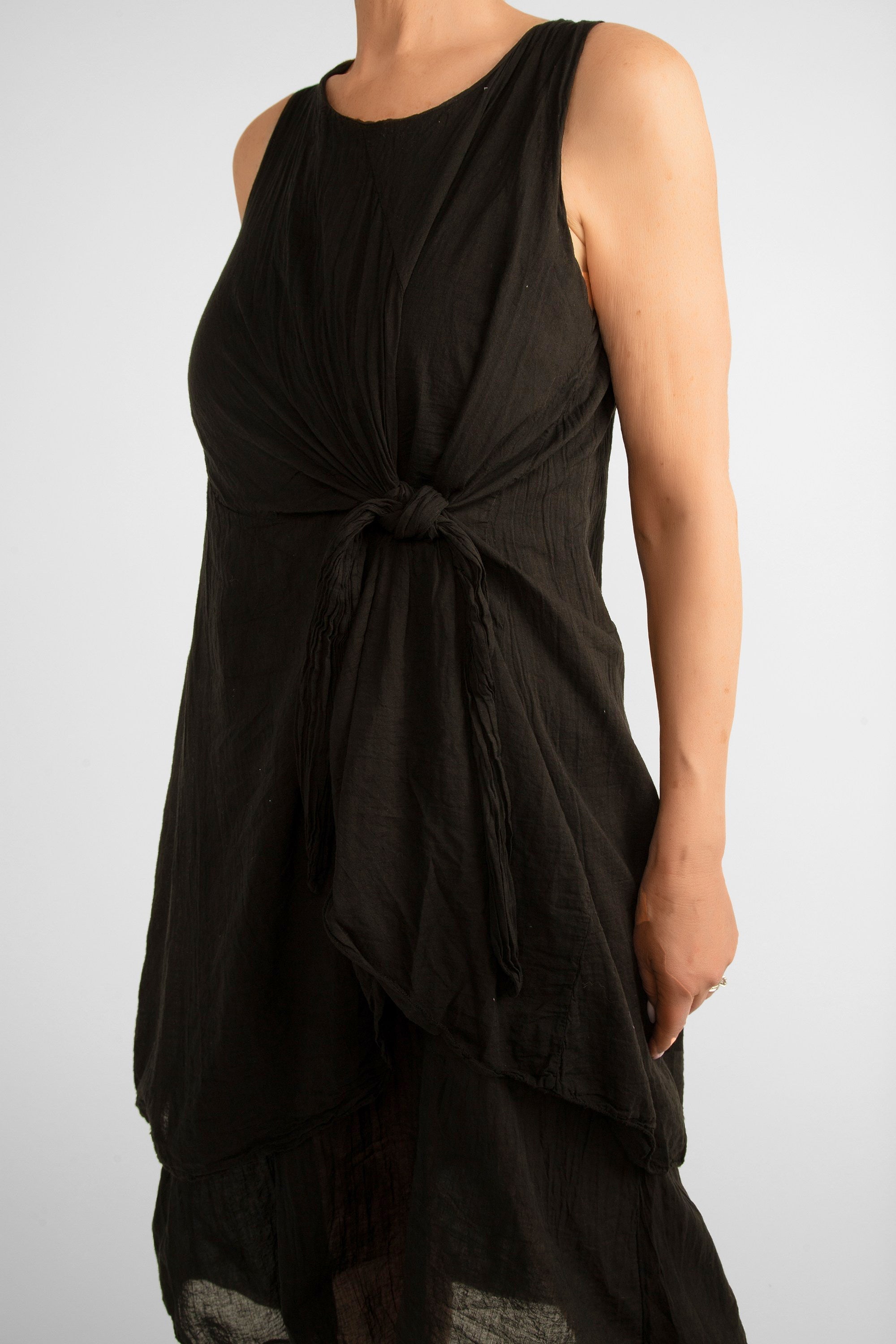 Front close up of Me & Gee (12-1208) Women's Sleeveless Front Knot Midi Dress Made from layered cotton in Black