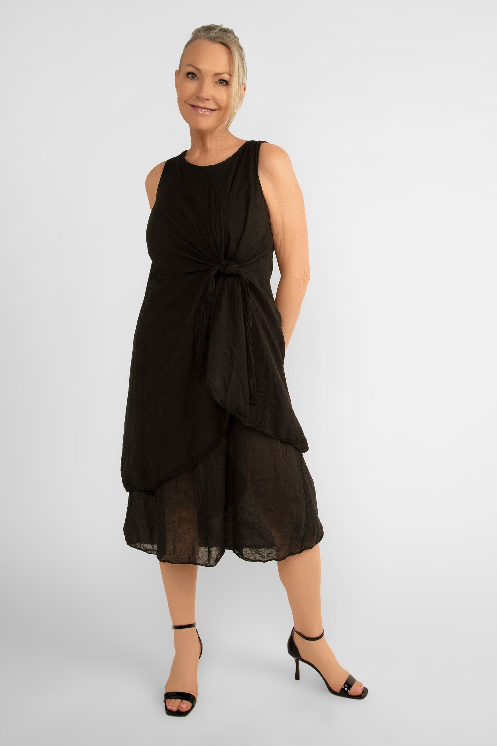 Me & Gee (12-1208) Women's Sleeveless Front Knot Midi Dress Made from layered cotton in Black