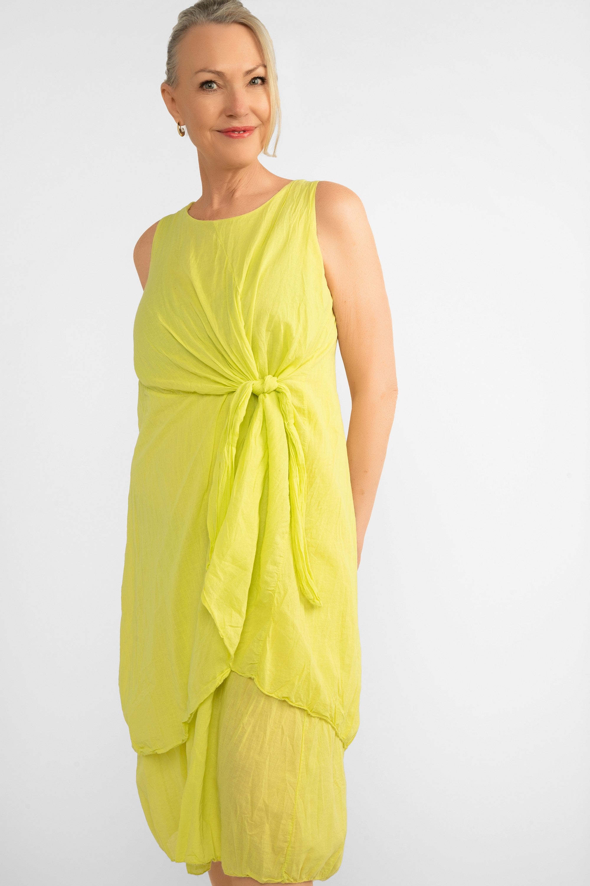 Me & Gee (12-1208) Women's Sleeveless Front Knot Midi Dress Made from layered cotton in Lime Green