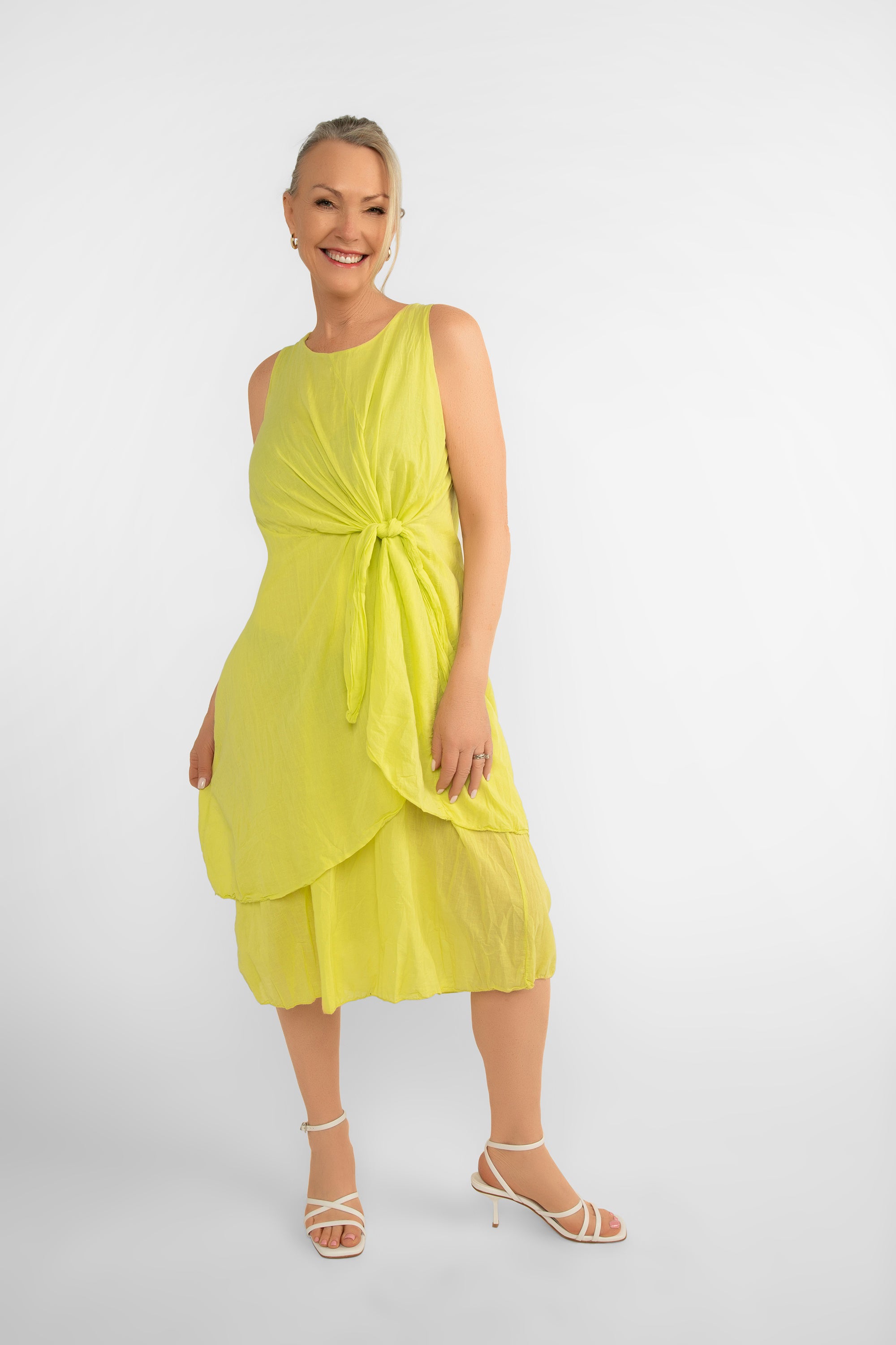 Front view of Me & Gee (12-1208) Women's Sleeveless Front Knot Midi Dress Made from layered cotton in Lime Green