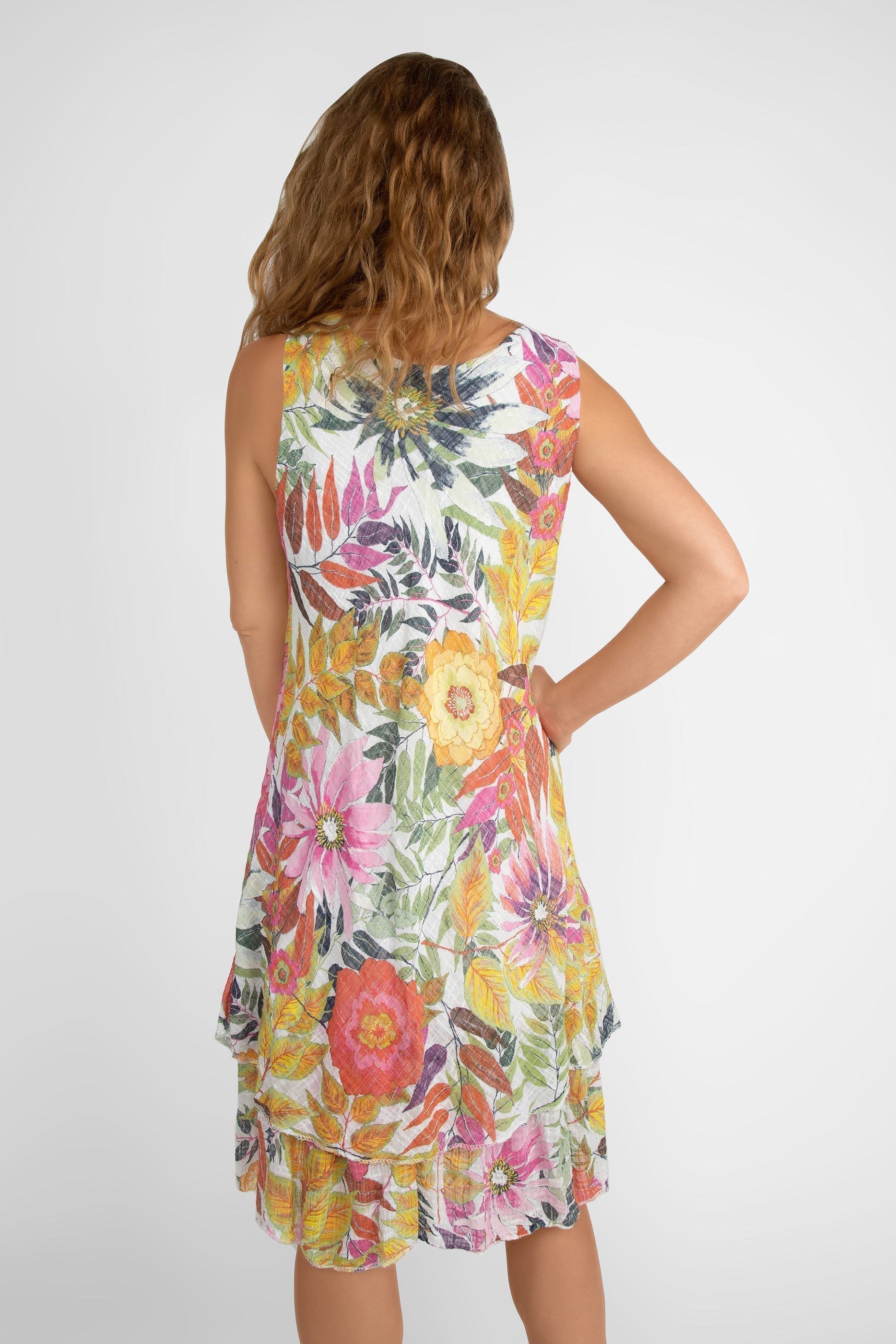 Back view of Me & Gee (S24-16-8903) Women's Sleeveless Cotton Gauze Knee Length Summer Dress in Multi-coloured floral print