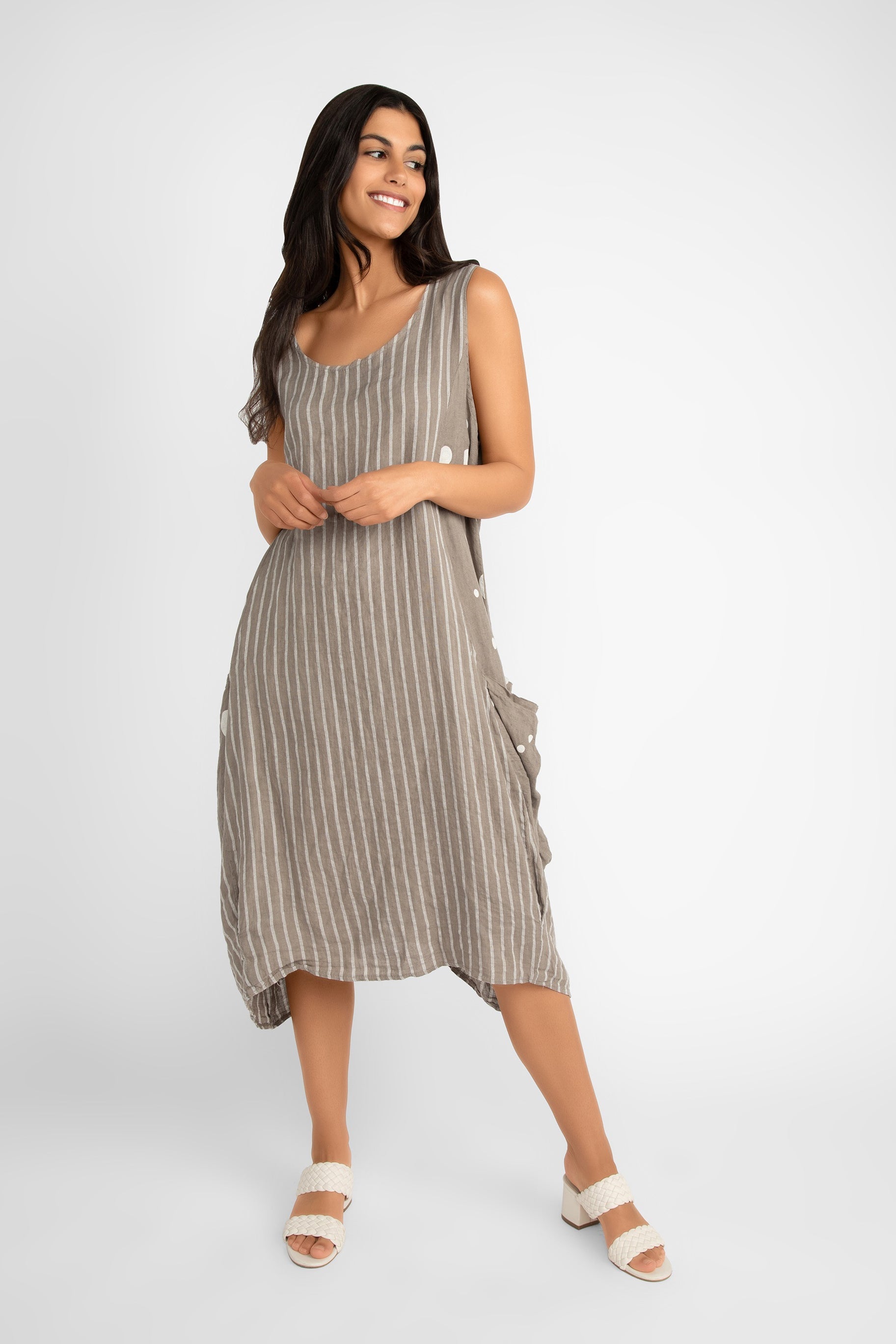 Sleeveless Mixed Print Linen Dress