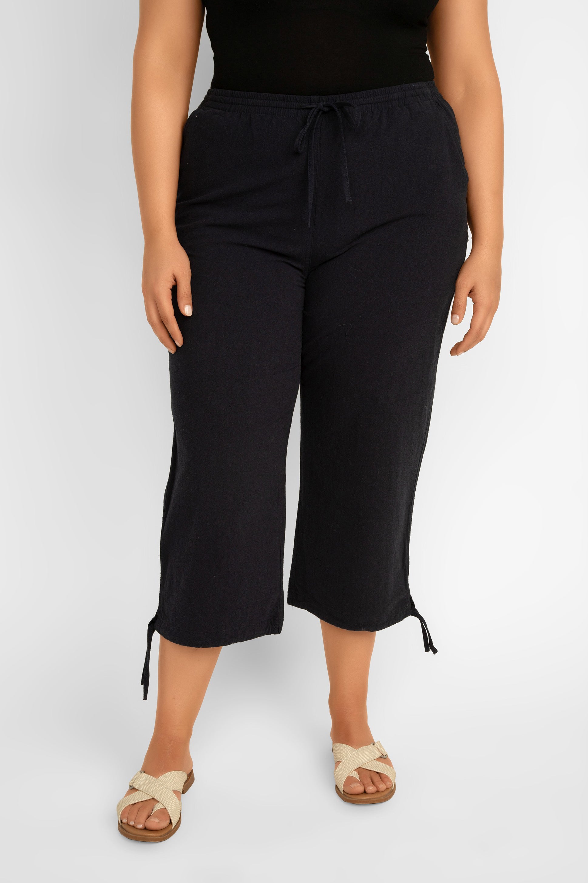 Soya Concept (17193-T3) Women's Textured Cotton Pull On Cropped Pants with pocket and tied hems in Navy