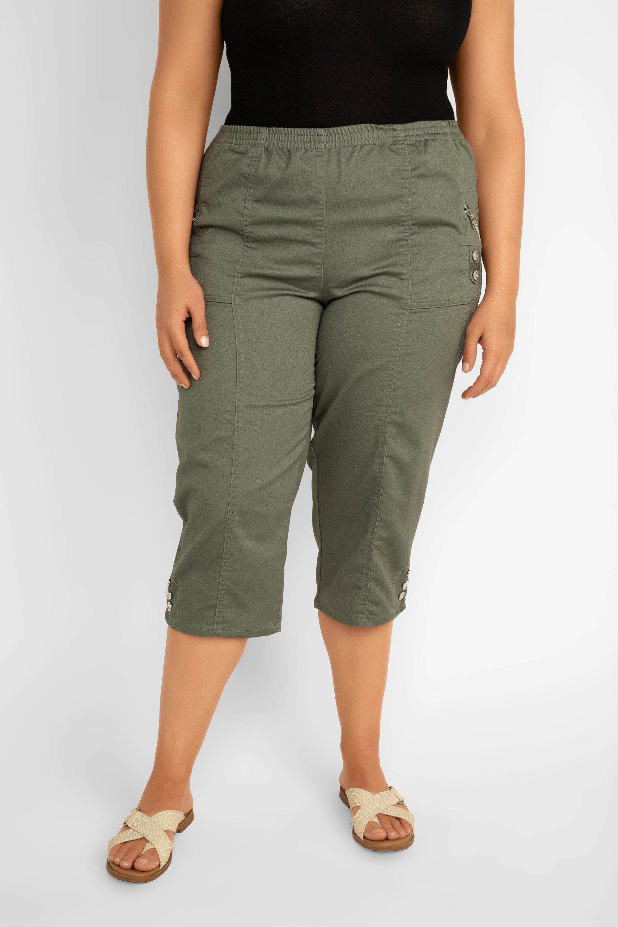 Soya Concept (17197) Women's Pull On Capris Pants With Button & Zipper Detail and Pockets in Misty Green