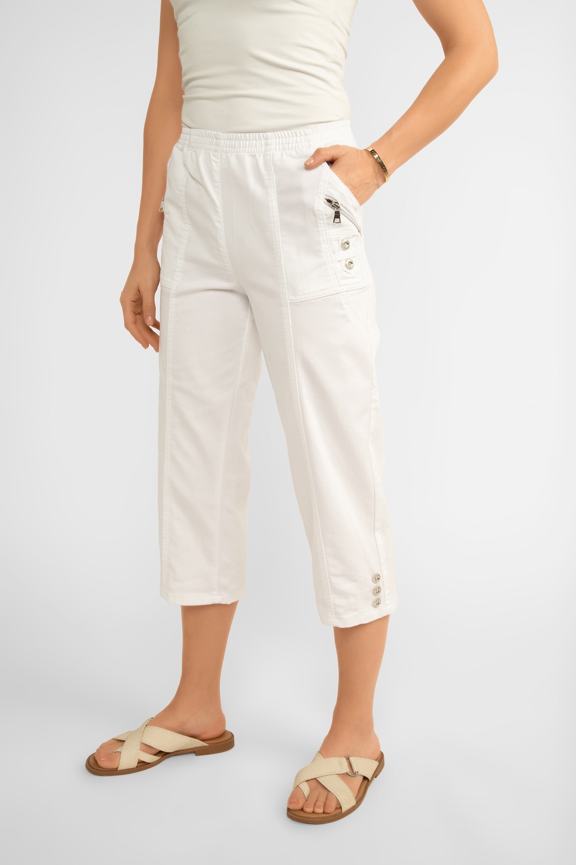 Pull On Cropped Pants With Button & Zipper Detail