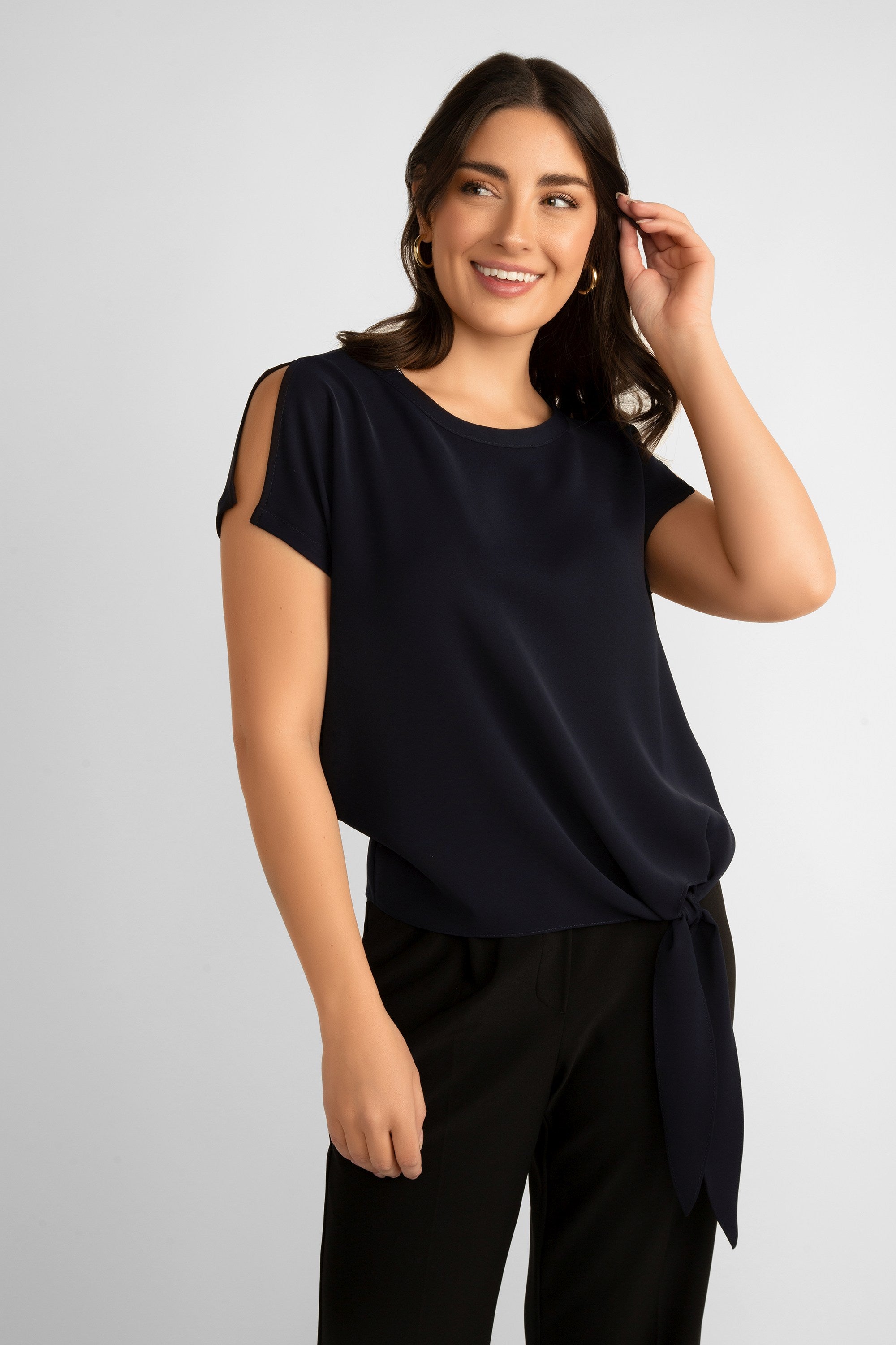 Frank Lyman (181224) Women's Short Sleeve Top With Side Tie in Navy Blue