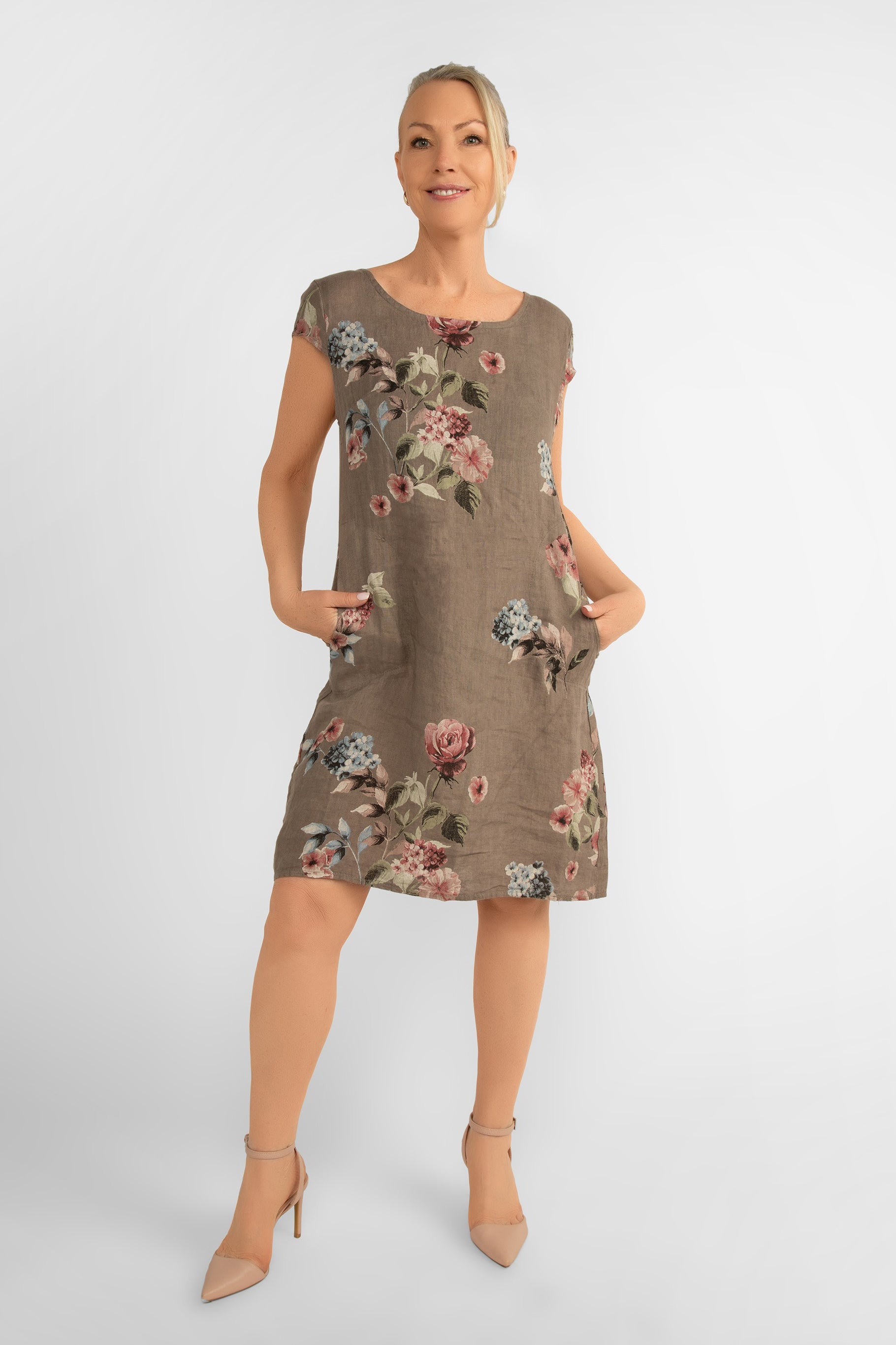 Me & Gee (19-7159-FLOWER-S24) Women's Short Cap Sleeve Rose Print Linen Knee Length Dress with Pockets in Mocha Brown