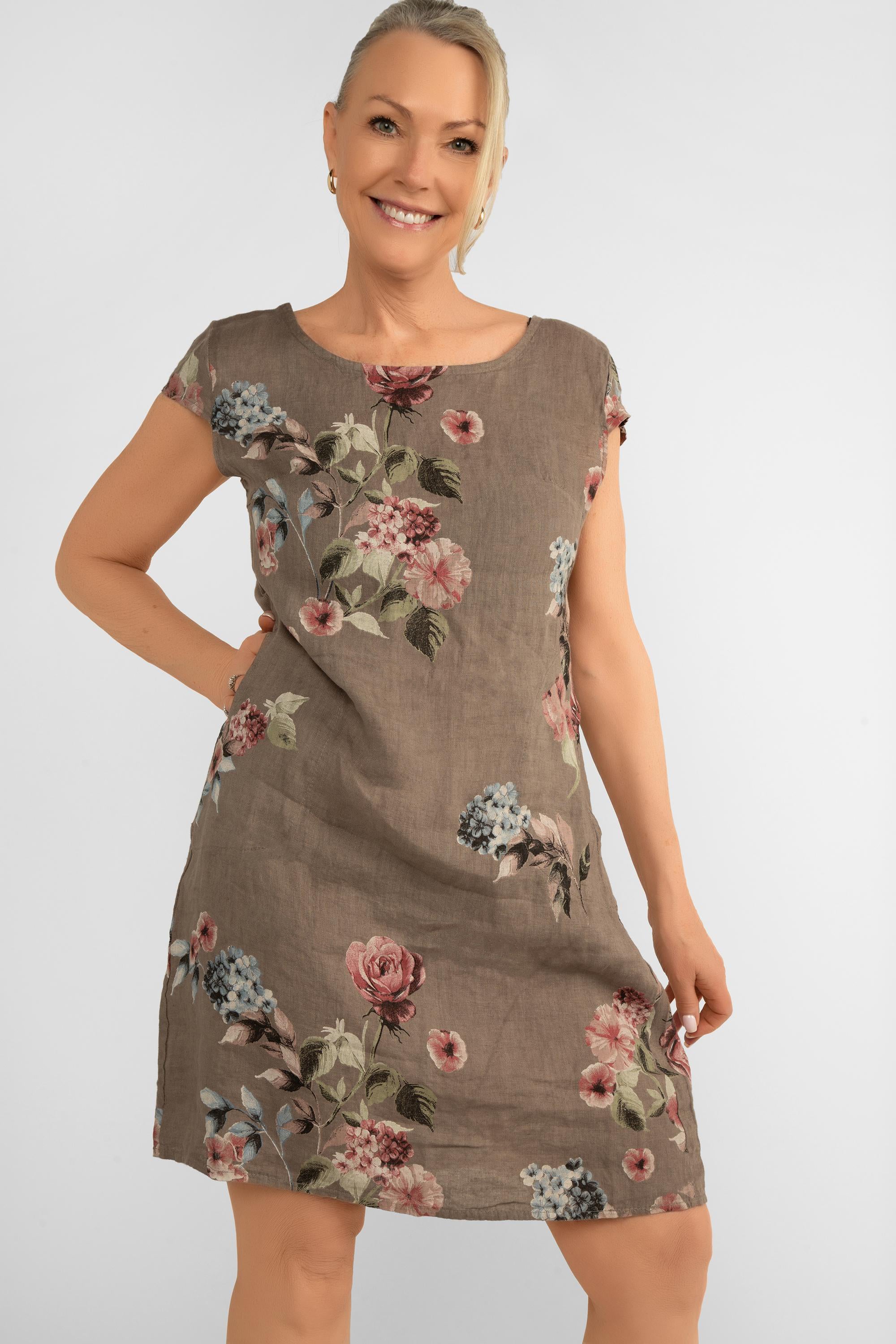 Front close up of Me & Gee (19-7159-FLOWER-S24) Women's Short Cap Sleeve Rose Print Linen Knee Length Dress with Pockets in Mocha Brown]