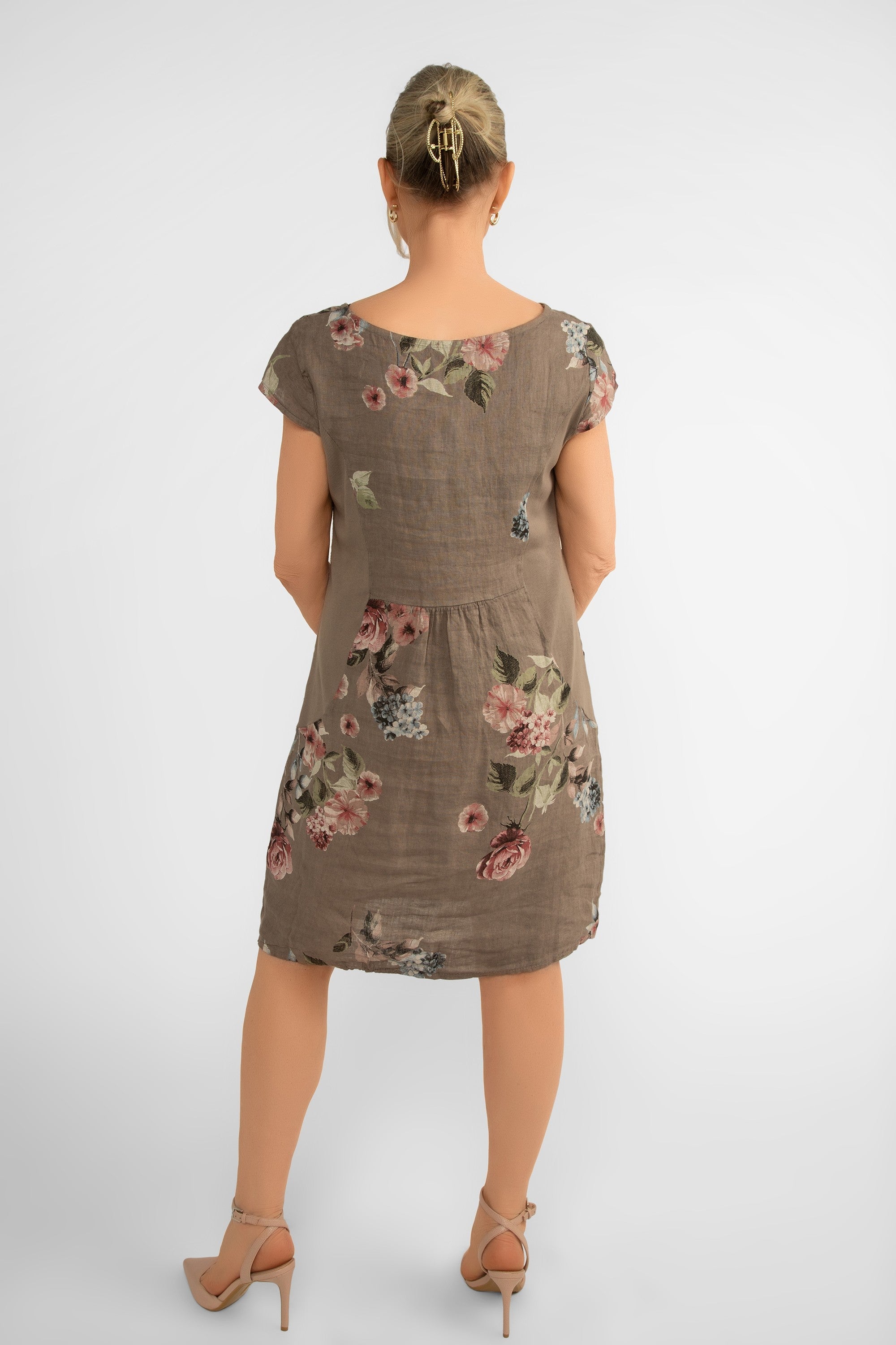 Back view of Me & Gee (19-7159-FLOWER-S24) Women's Short Cap Sleeve Rose Print Linen Knee Length Dress with Pockets in Mocha Brown