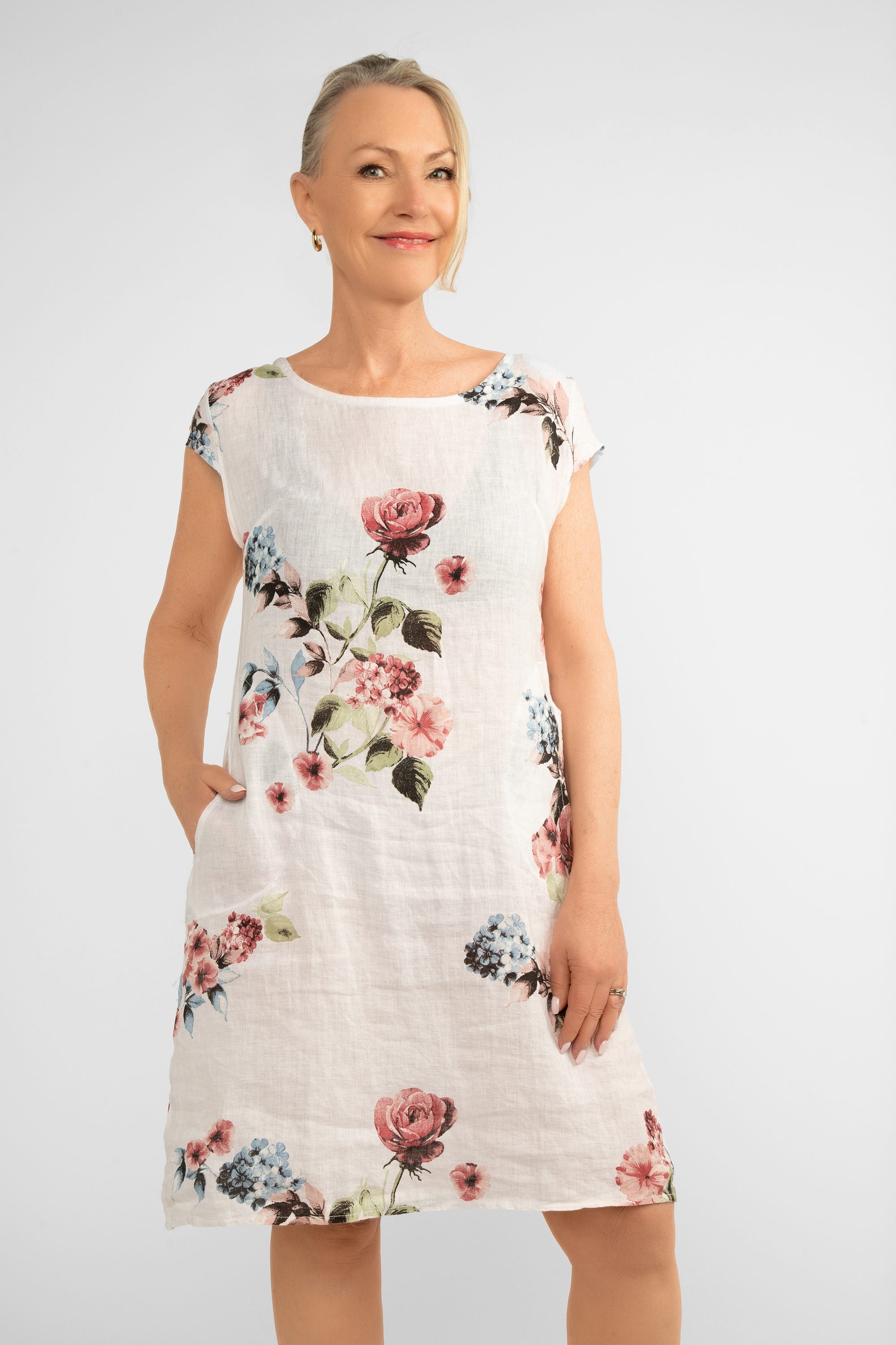 Front view of Me & Gee (19-7159-FLOWER-S24) Women's Short Cap Sleeve Rose Print Linen Knee Length Dress with Pockets in White