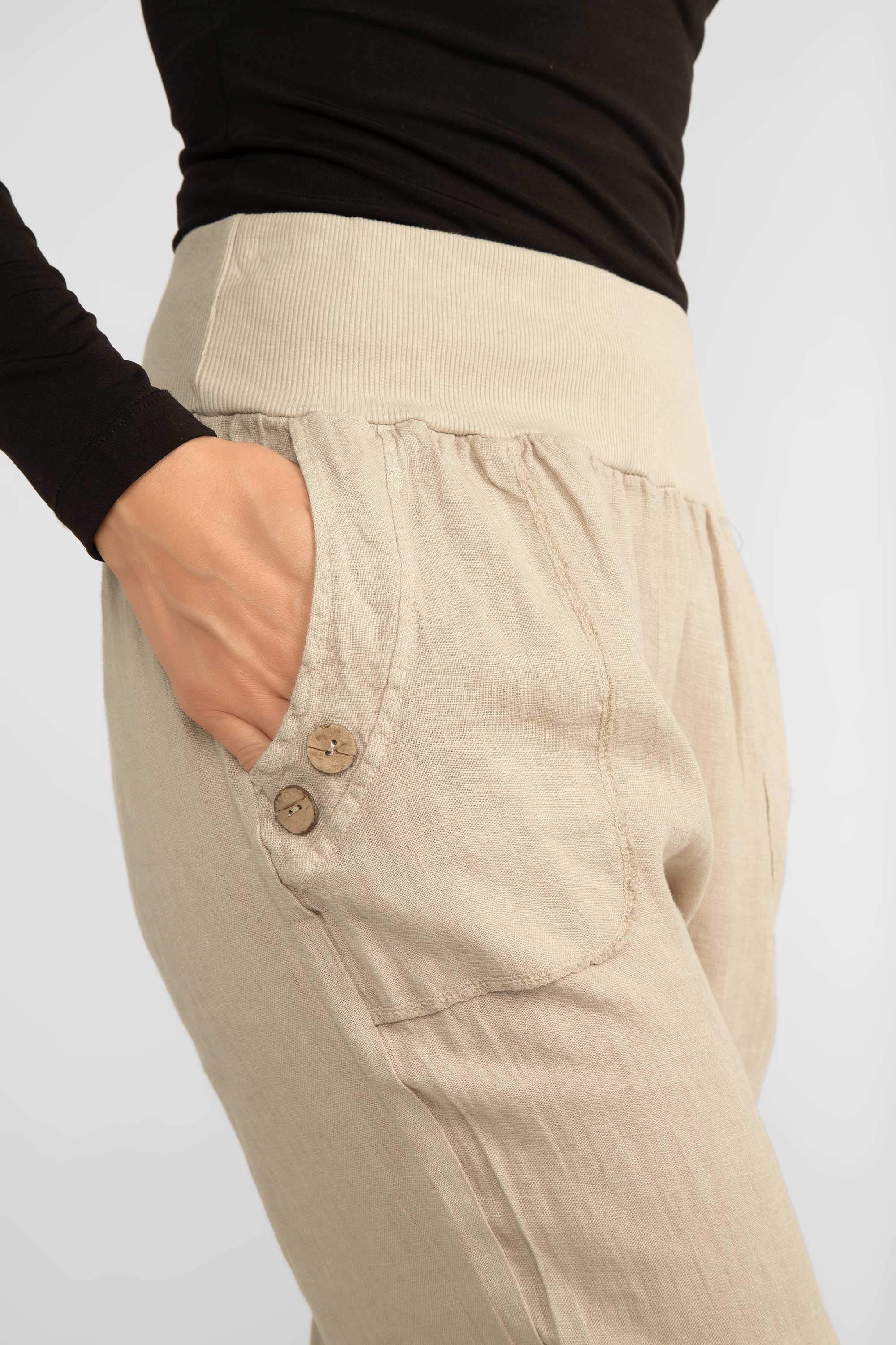 Side close up of Me & Gee (19-787-S24) Women's Straight Leg Linen Pants with Knit Waistband & Side pockets in Beige