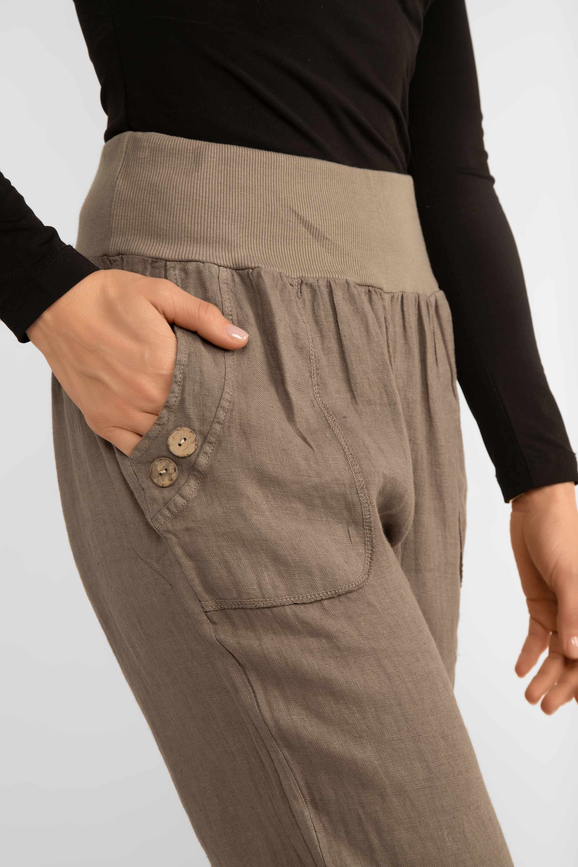 Side close up of Me & Gee (19-787-S24) Women's Straight Leg Linen Pants with Knit Waistband & Side pockets in Mocha Brown