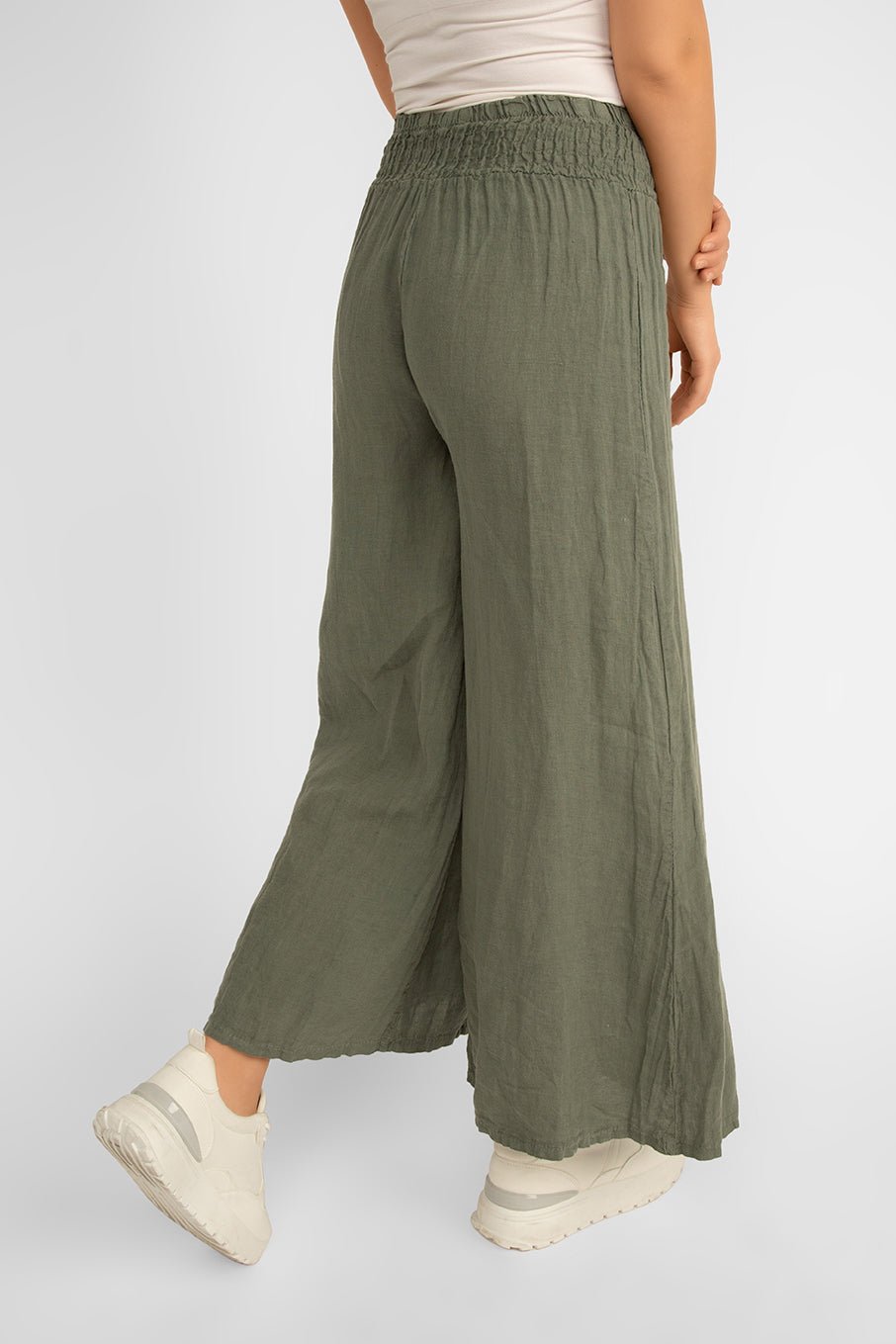 Back view of Me & Gee (19-801) Women's Pull-on Wide Leg Smocked Waist Linen Pants in Military Green