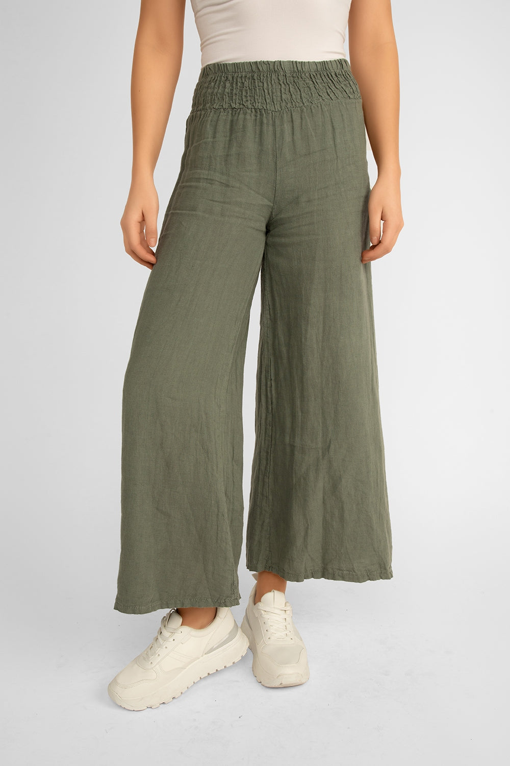 Me & Gee (19-801) Women's Pull-on Wide Leg Smocked Waist Linen Pants in Military Green