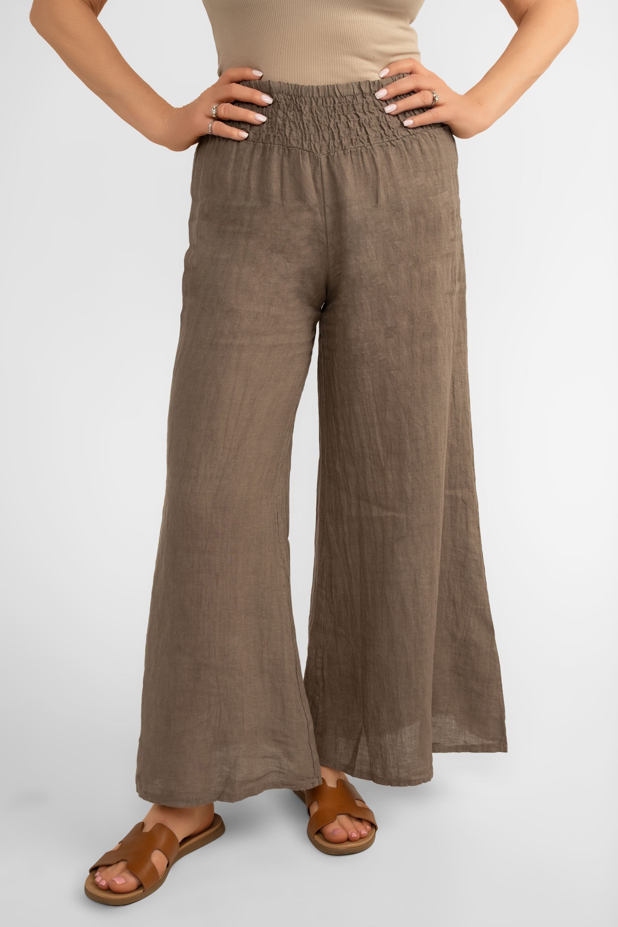Me & Gee (19-801-S24) Women's Wide Leg Smocked Waist Linen Pants in Brown