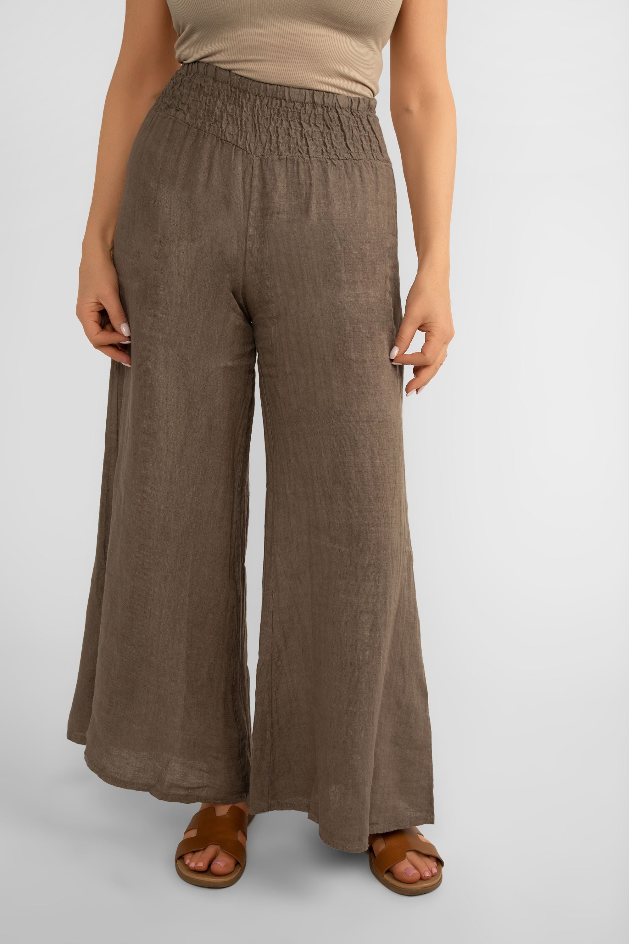 Front view of Me & Gee (19-801-S24) Women's Wide Leg Smocked Waist Linen Pants in Mocha Brown