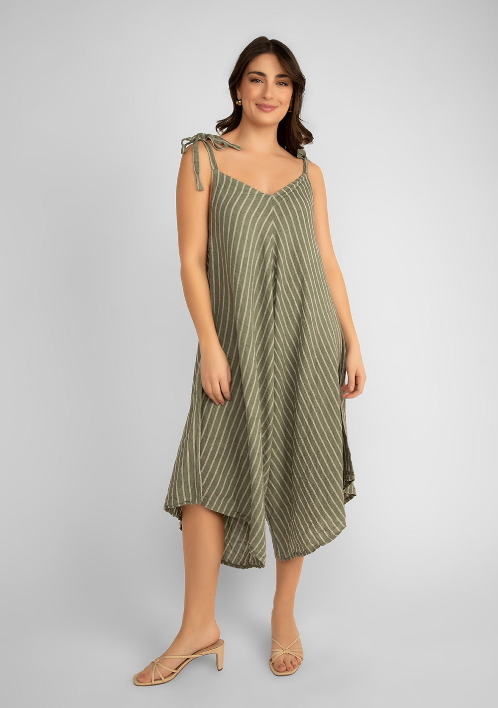 Women's (19-S59069) Women's Sleeveless Striped Linen Romper with adjustable tie straps, v-neck, and a cropped wide leg fit in Khaki & white stripes