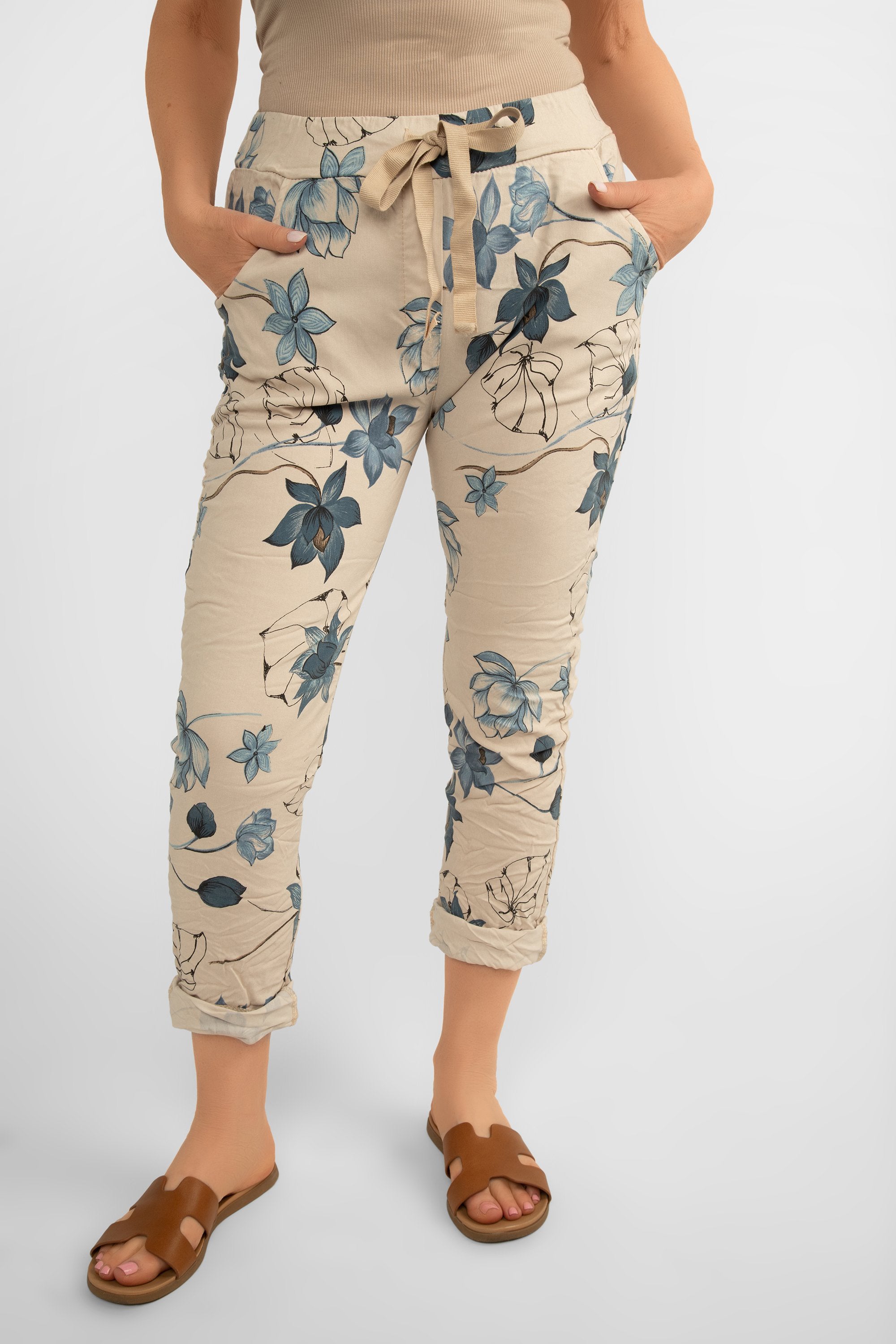 Bella Amore (21036) Women's Pull On Crinkle Pants with Side Pockets, Rolled Hem, and Blue Lotus Flower Print in Beige