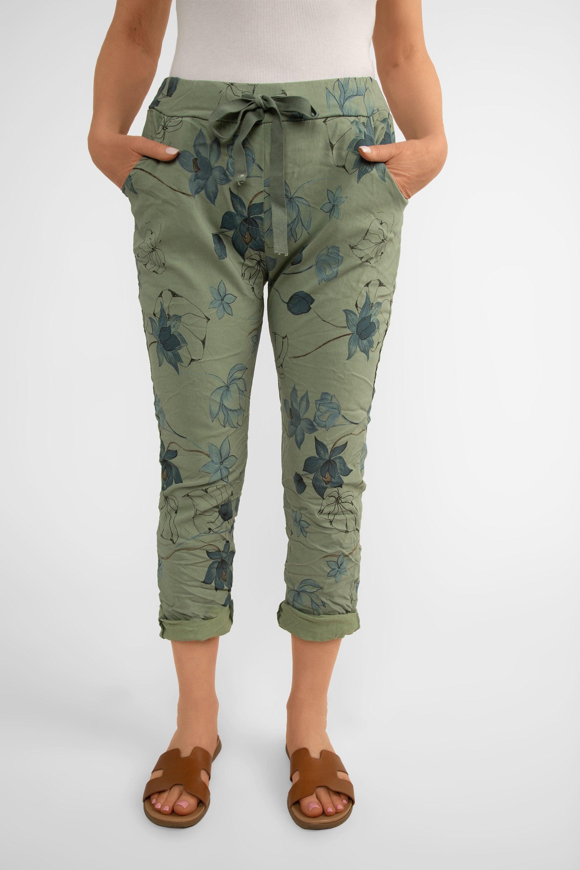 Bella Amore (21036) Women's Pull On Crinkle Pants with Side Pockets, Rolled Hem, and Blue Lotus Flower Print in Military Green