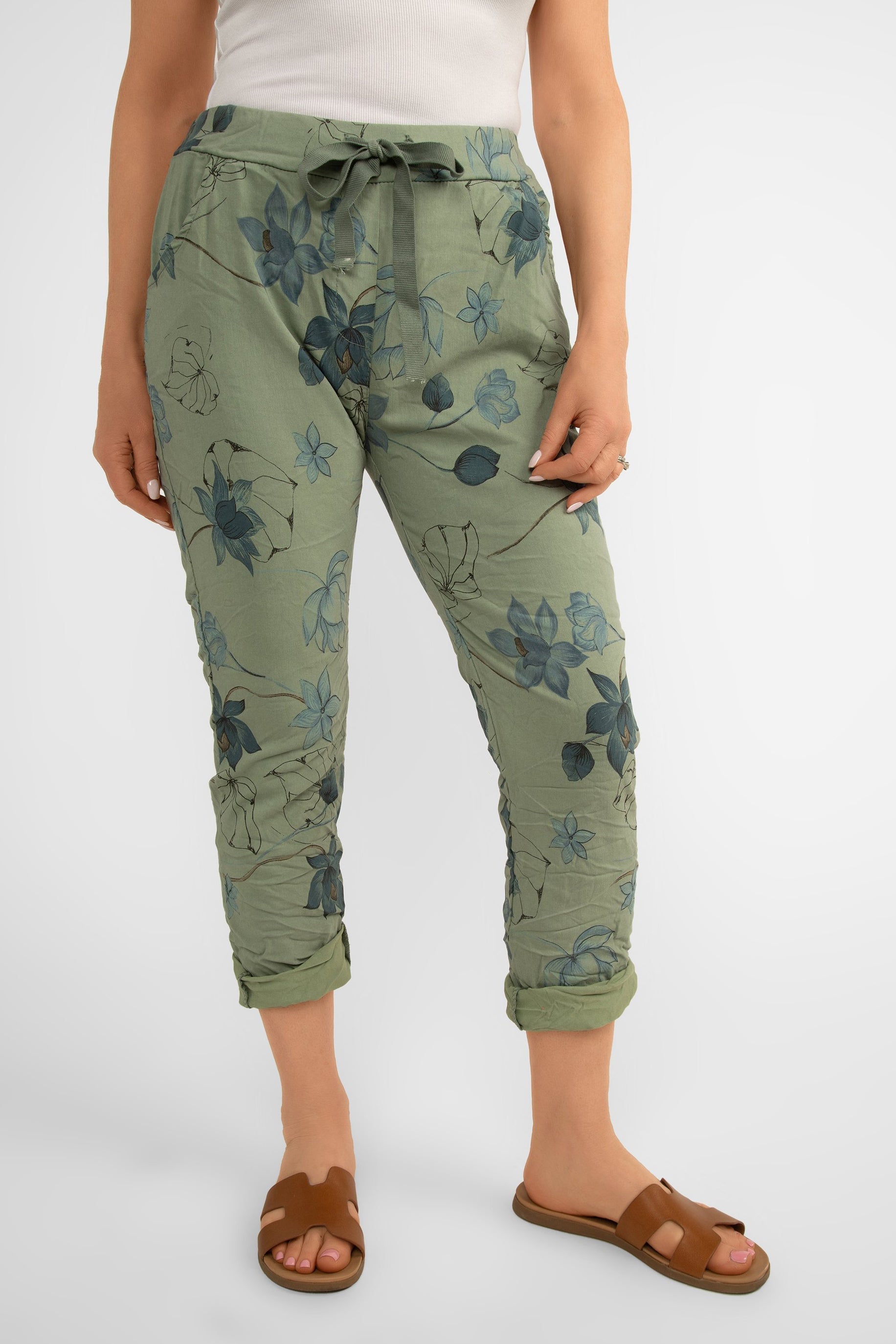 Front view of Bella Amore (21036) Women's Pull On Crinkle Pants with Side Pockets, Rolled Hem, and Blue Lotus Flower Print in Military Green