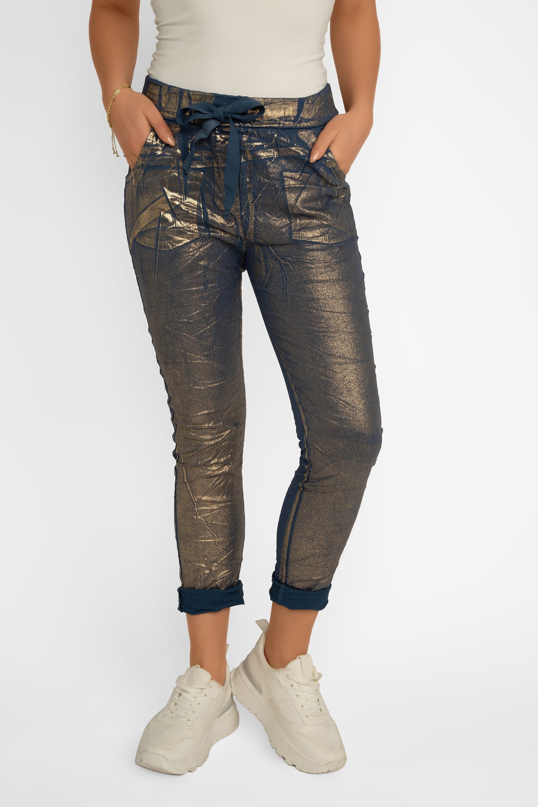 Front view of Bell Amore (21258) Women's Cropped Slim Fit, Metallic Coated Pull On Pants with Pockets in Navy Blue with Gold foil