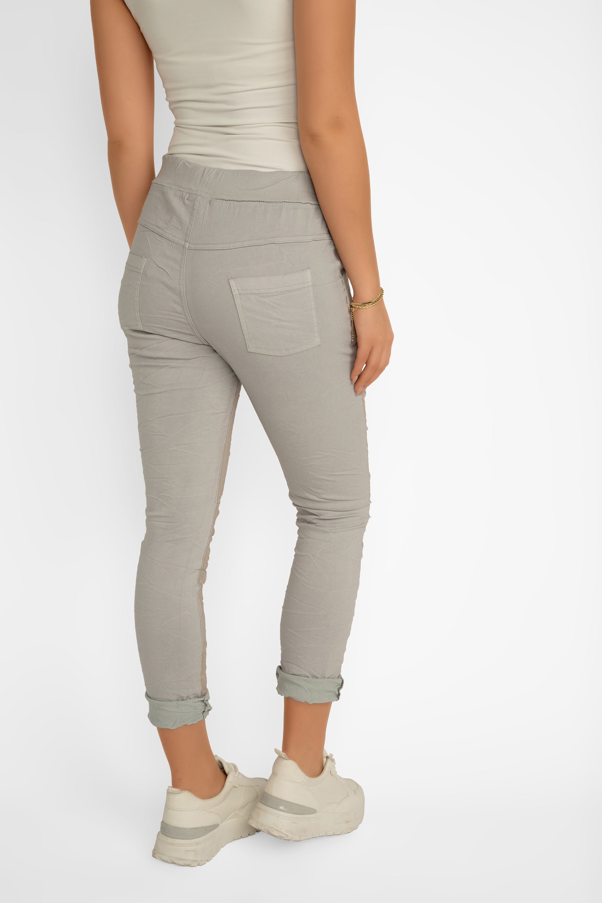Back view of Bell Amore (21258) Women's Cropped Slim Fit, Metallic Coated Pull On Pants with Pockets in Light Grey with Gold foil