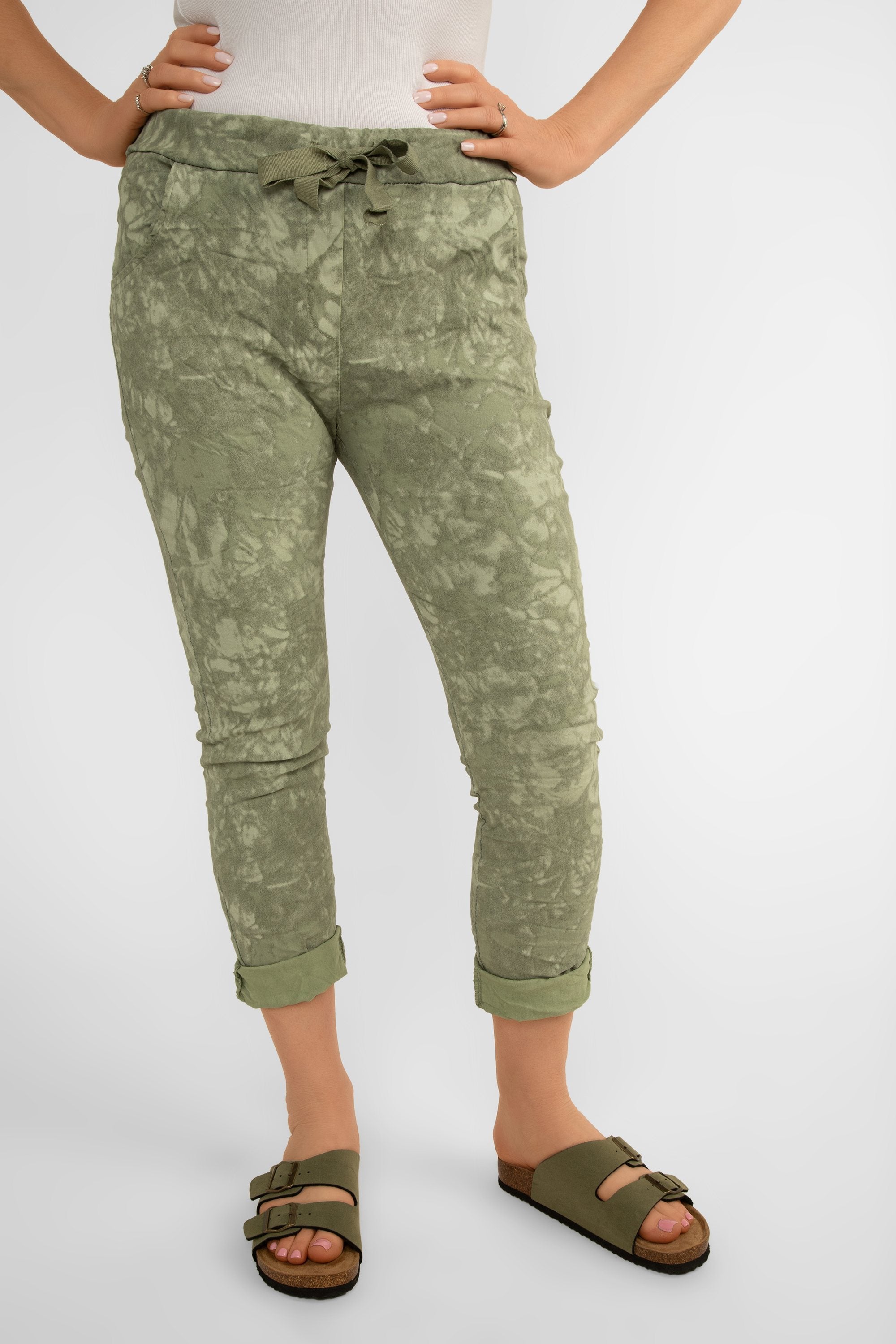 Front view of Bella Amore (21287) Women's Slim Fit Cropped Crinkle Pants with Side Pockets and Drawstring Waist, in Military green tie dye print