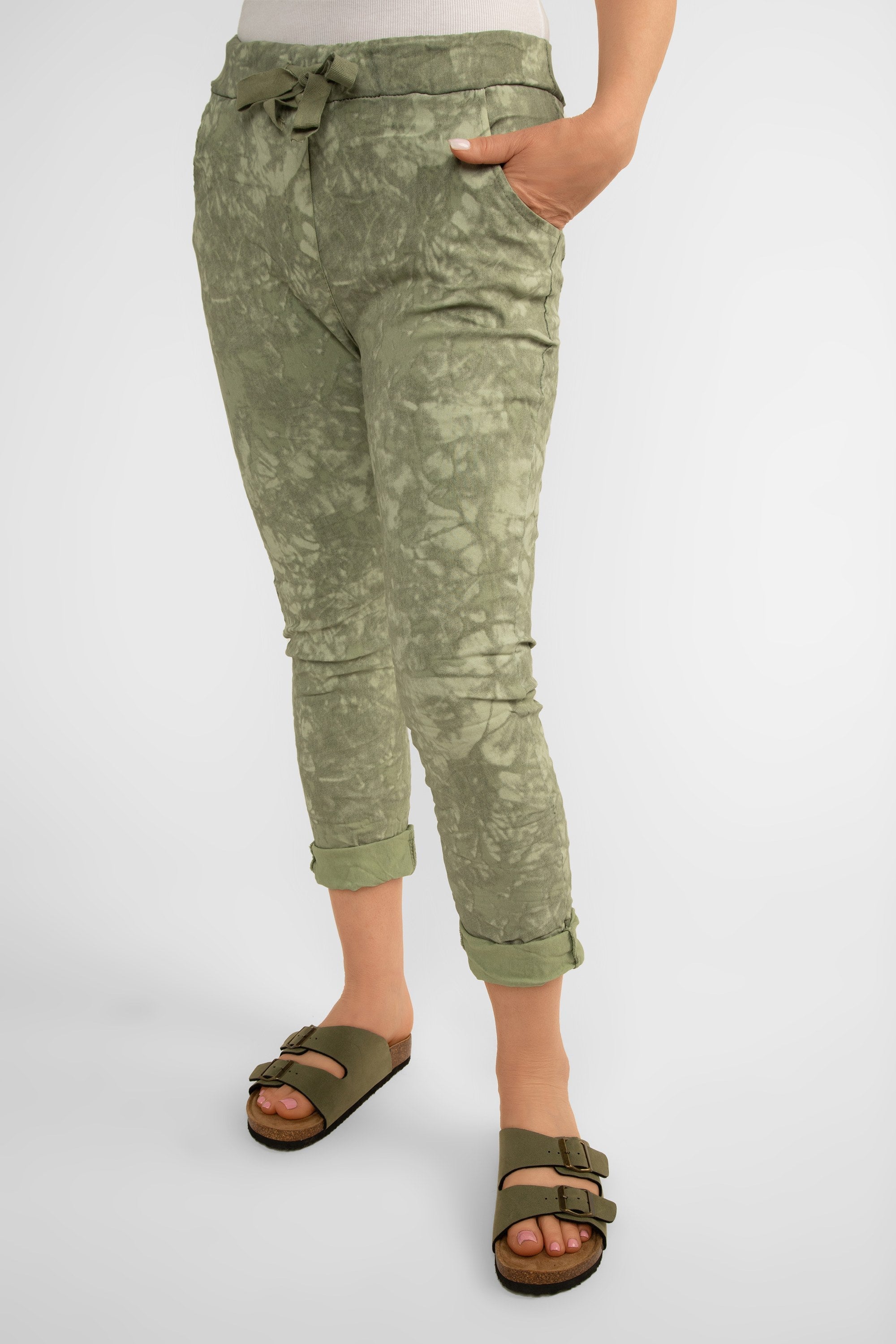 Front view of Bella Amore (21287) Women's Slim Fit Cropped Crinkle Pants with Side Pockets and Drawstring Waist, in Military green tie dye print