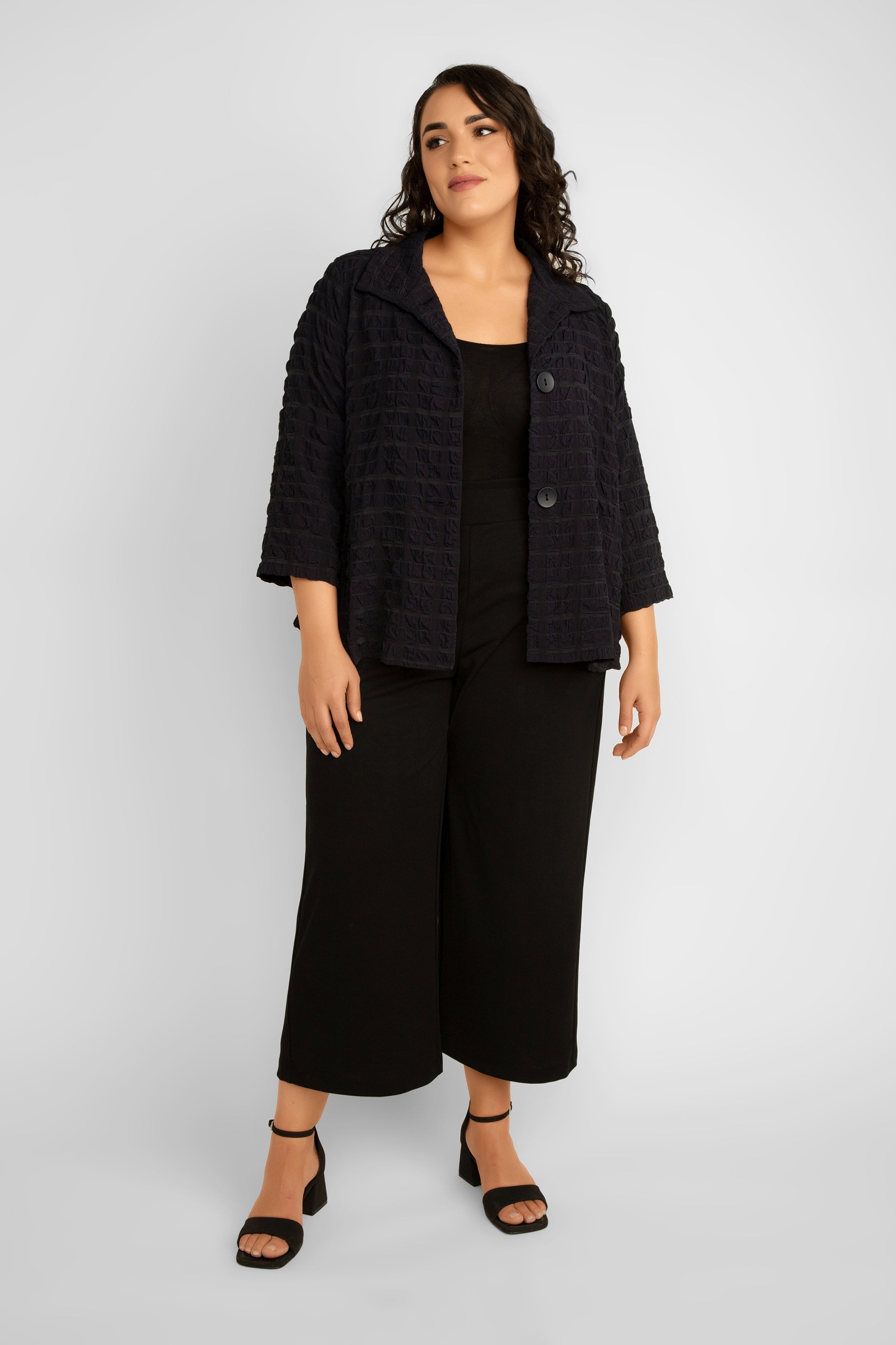 Joseph Ribkoff (241069) Women's 3/4 Sleeve Textured Woven Office Jacket with Stand Collar & Button Front in Navy