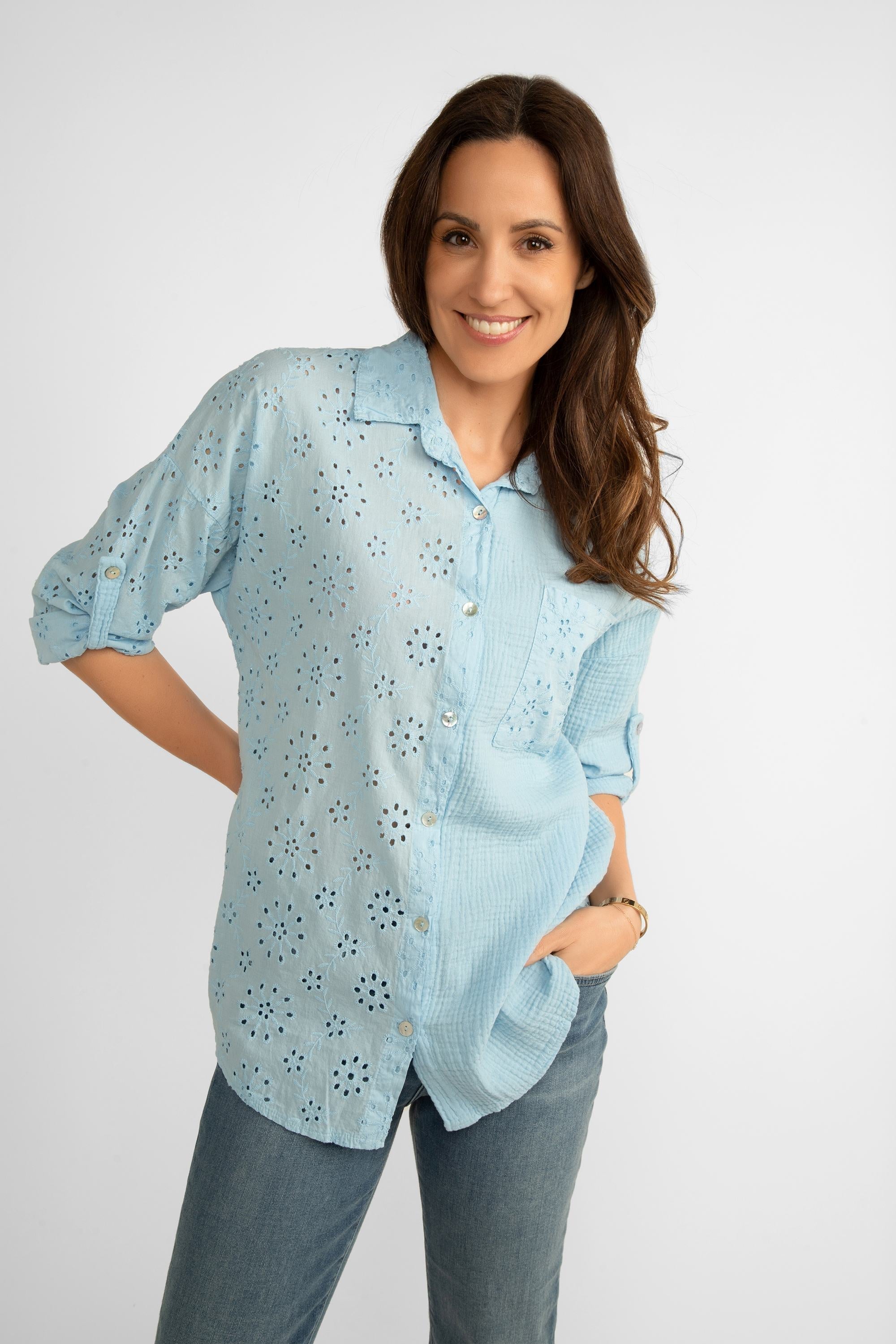 Eyelet Lace & Gauze Top With Roll Tab Sleeves