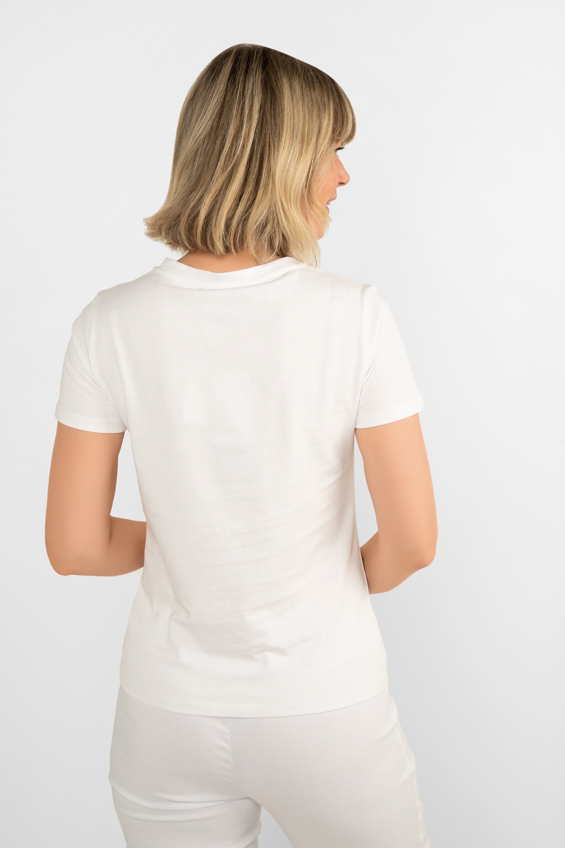 Back view of Frank Lyman (241348U) Women's Rhinestone Crewneck T-Shirt in  White