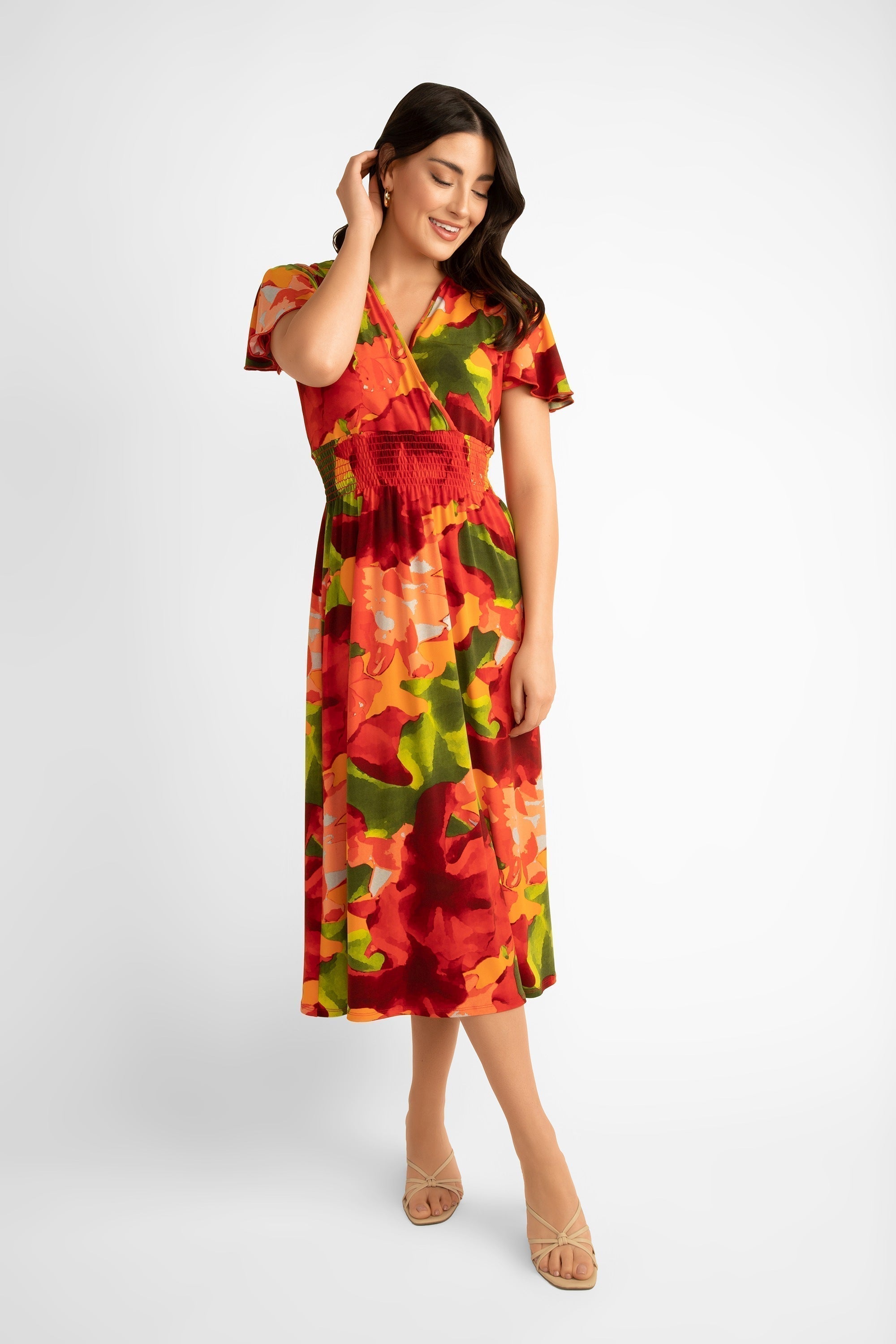 Short Sleeve Red & Orange Printed Dress