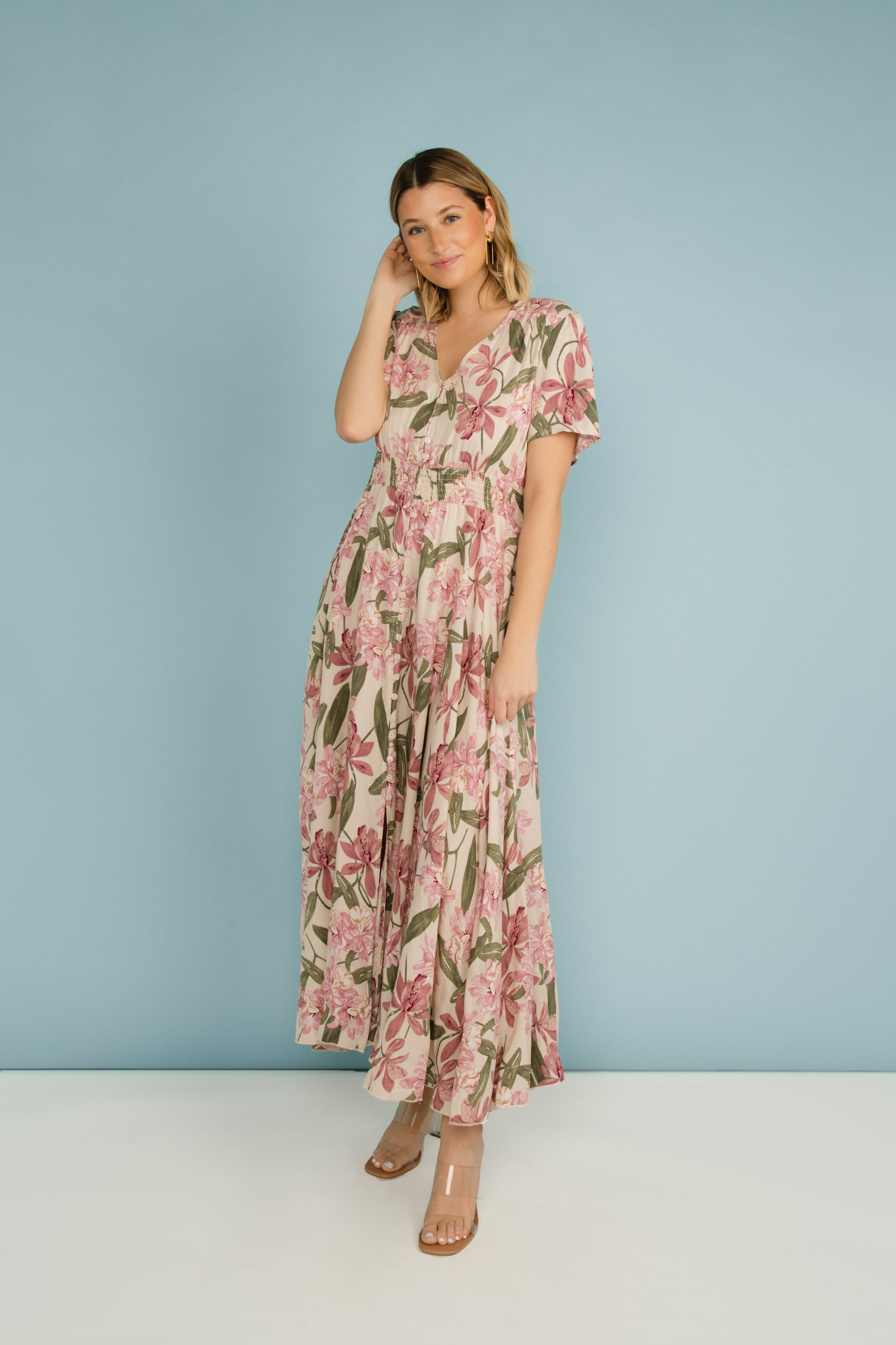 Funsport (241418) Women's Short Sleeve, V-neck Button Front Dress with a tiered maxi skirt in a pink floral print over a cream background