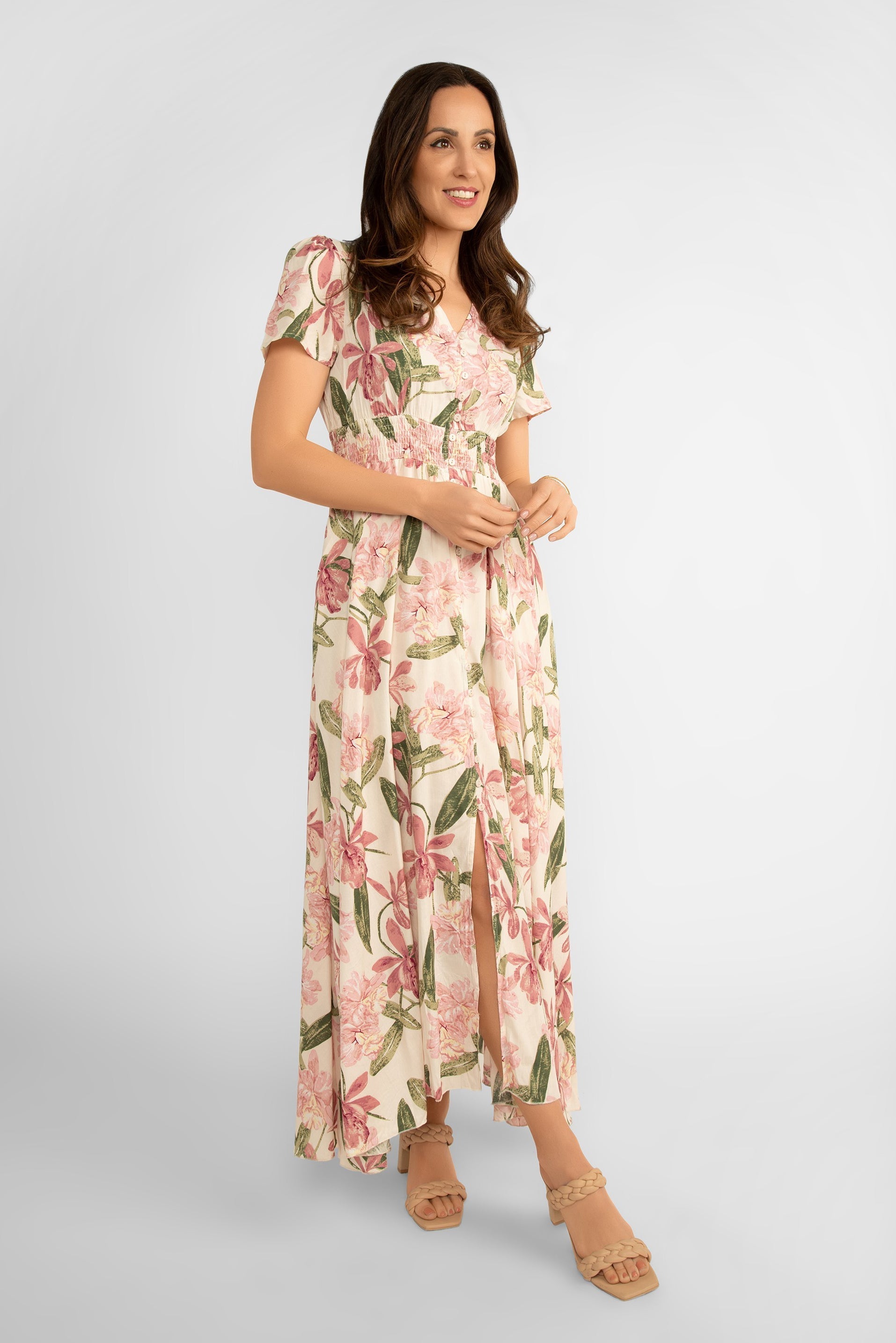 Pink Floral Button Front Dress