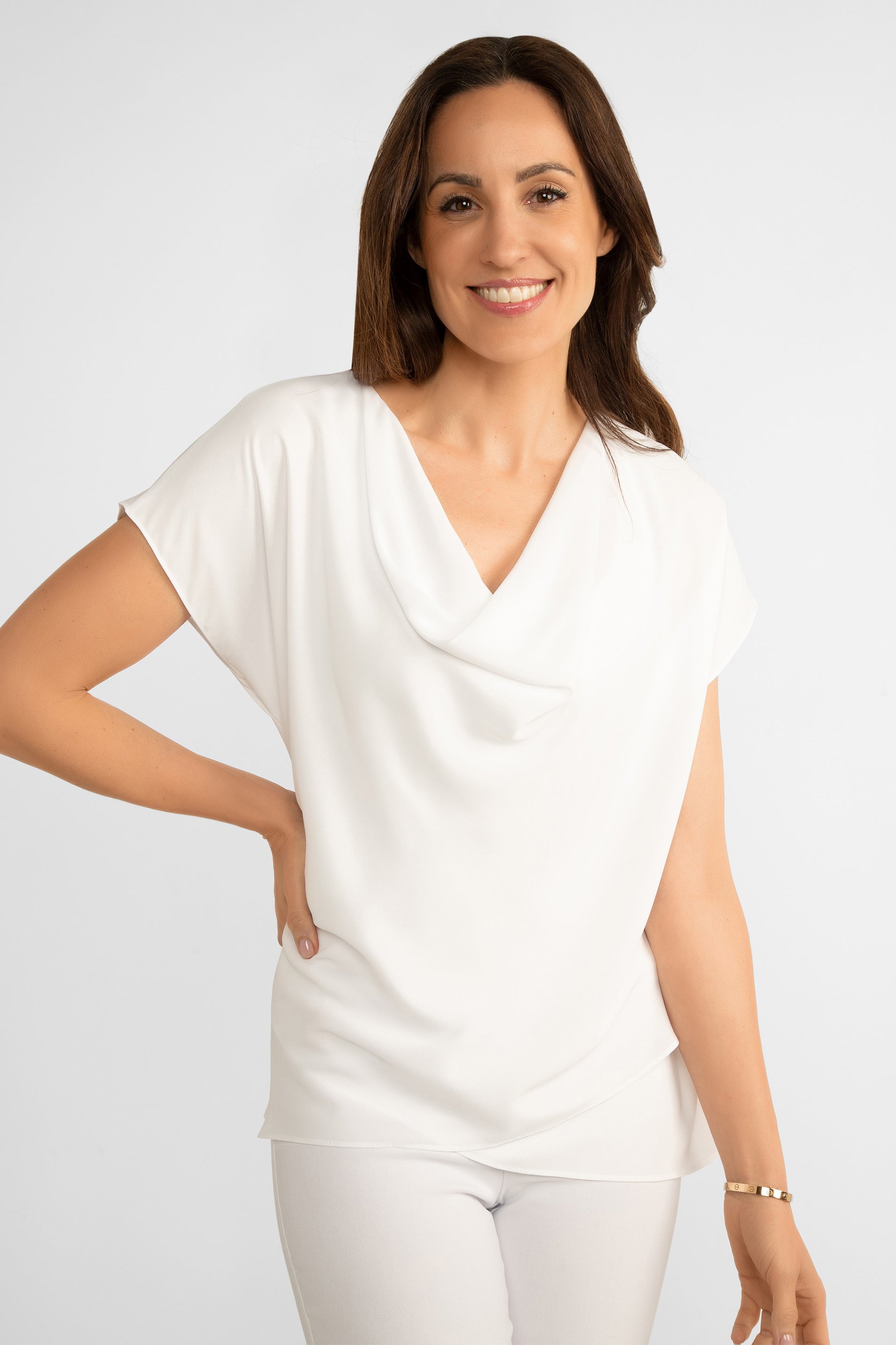 Joseph Ribkoff (242027) Women's Short Dolman Sleeve Georgette Fit and Flare Layered Top with Cowl Neck in Vanilla White