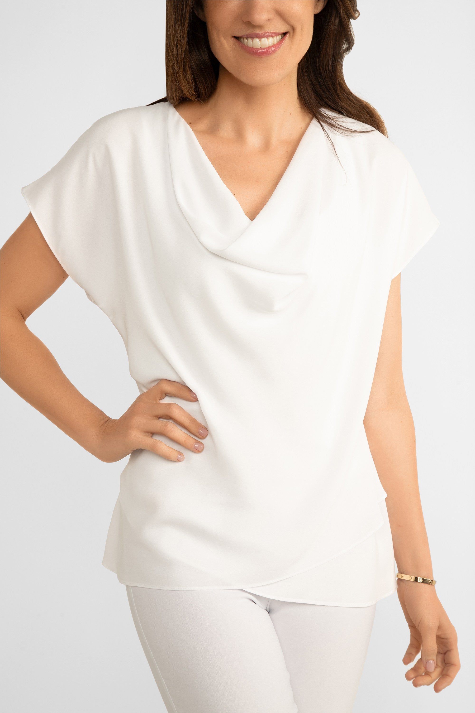 Joseph Ribkoff (242027) Women's Short Dolman Sleeve Georgette Fit and Flare Layered Top with Cowl Neck in Vanilla White