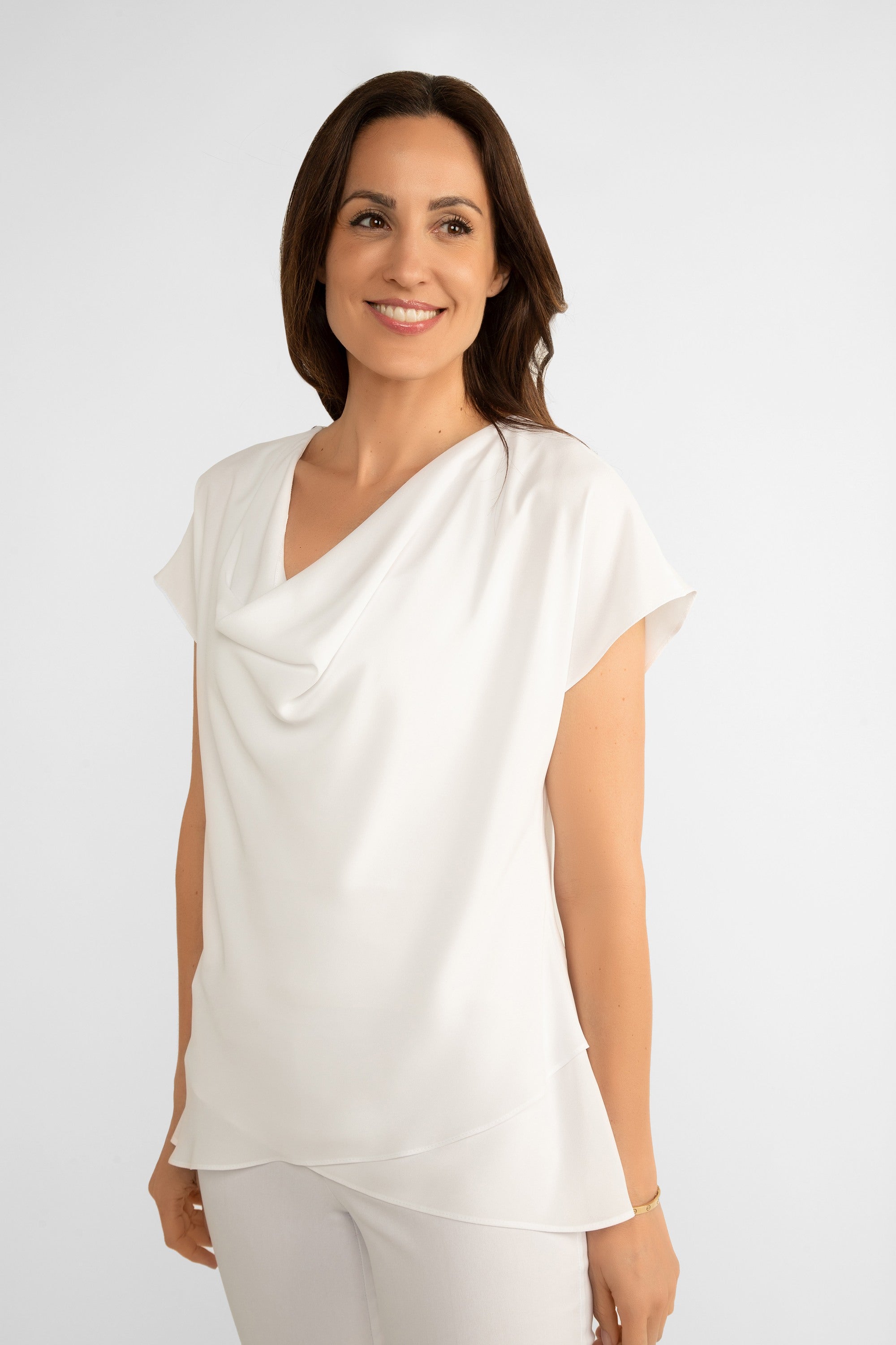 Joseph Ribkoff (242027) Women's Short Dolman Sleeve Georgette Fit and Flare Layered Top with Cowl Neck in Vanilla White