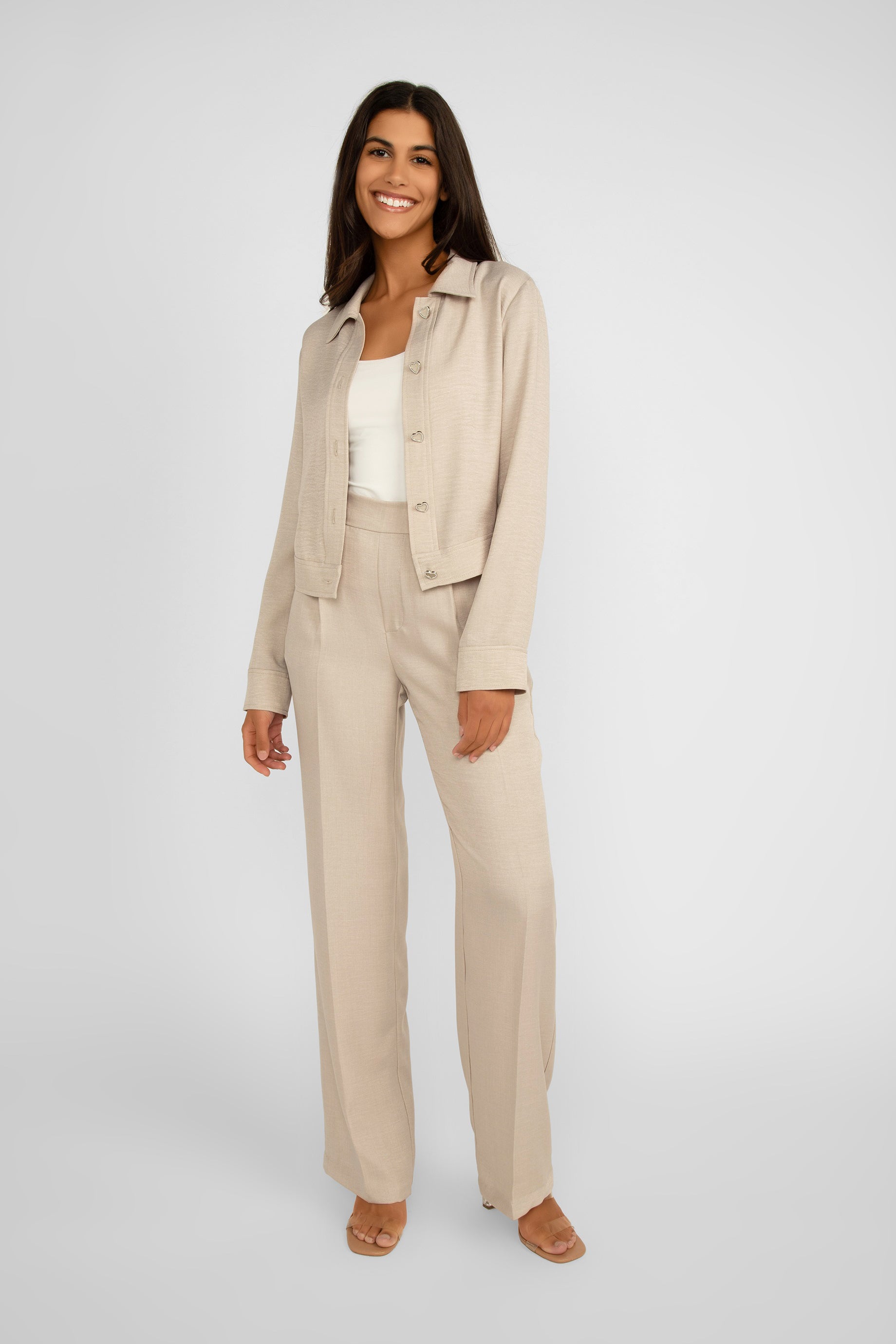 Frank Lyman (246336) Women's High Rise Wide Leg Pants with Side Pockets in Oatmeal Beige