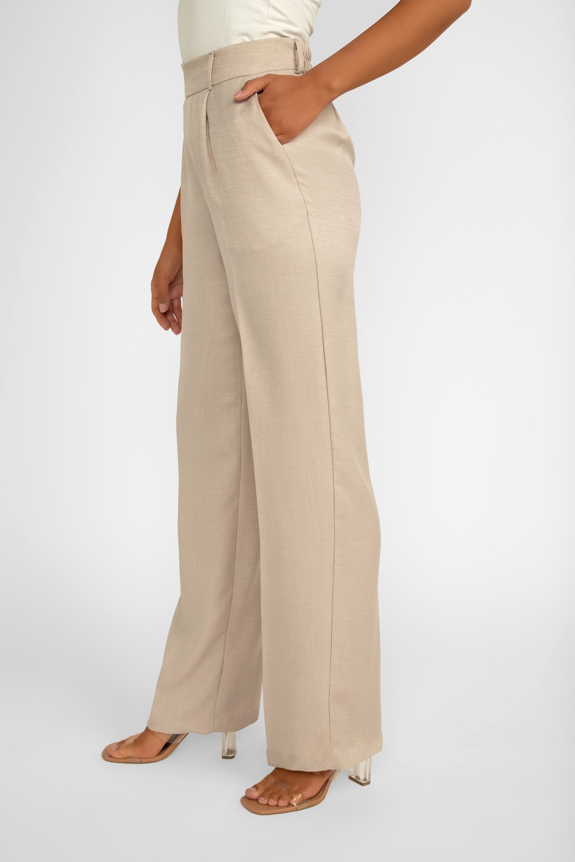 Frank Lyman (246336) Women's High Rise Wide Leg Pants with Side Pockets in Oatmeal Beige