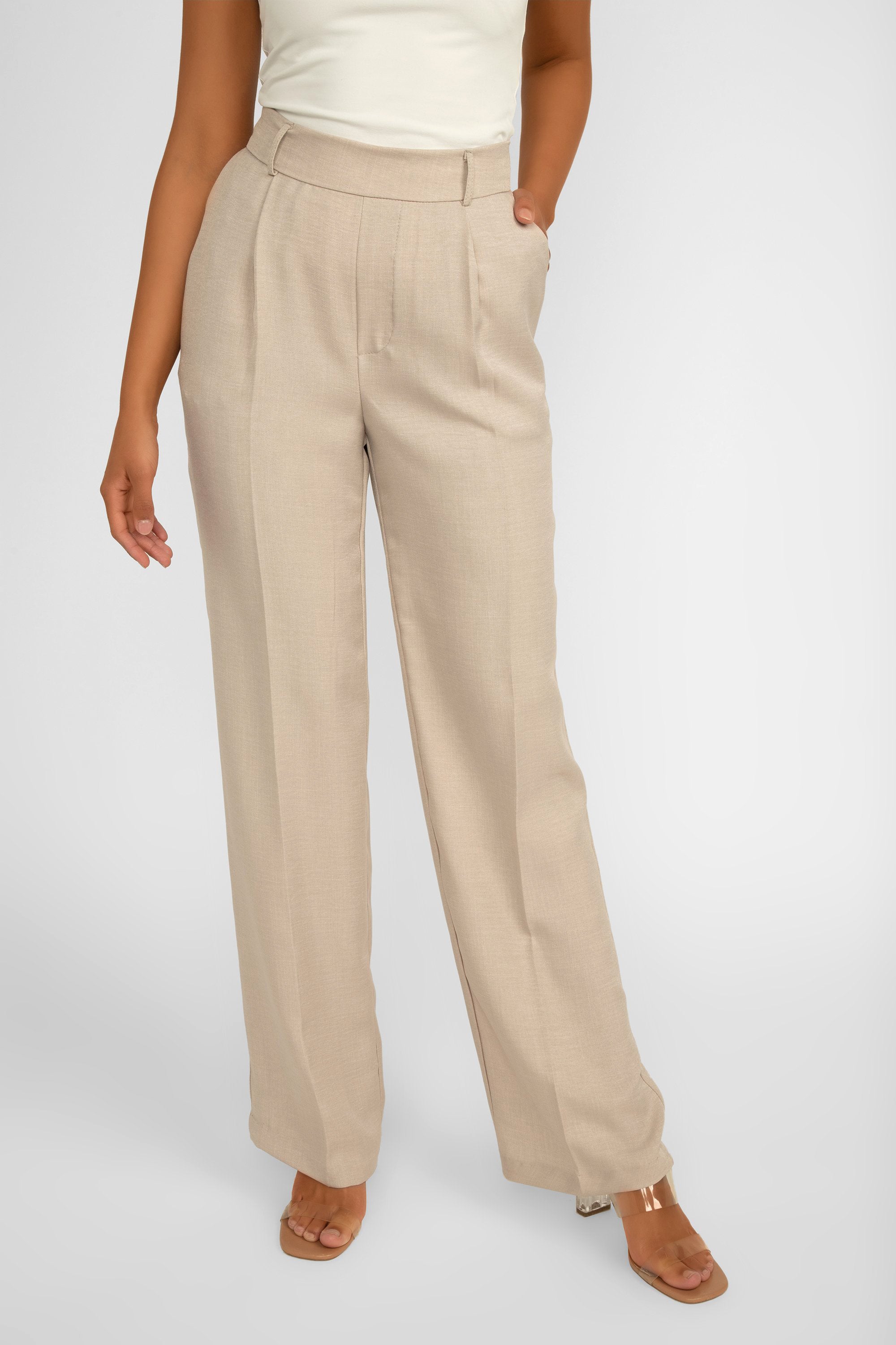 Frank Lyman (246336) Women's High Rise Wide Leg Pants with Side Pockets in Oatmeal Beige