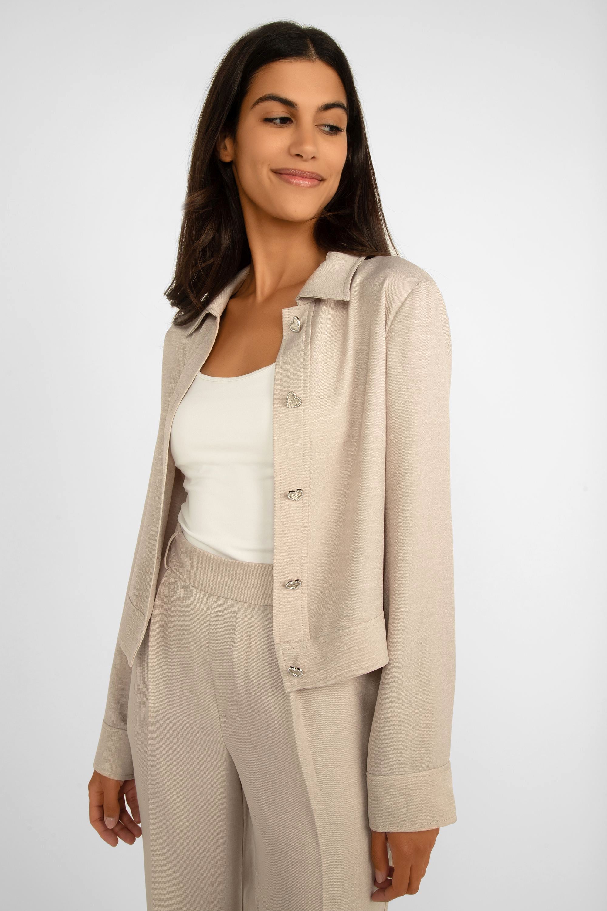 Frank Lyman (246337) Women's Long Sleeve, Button Front, Cropped Jacket with Collar in Oatmeal beige