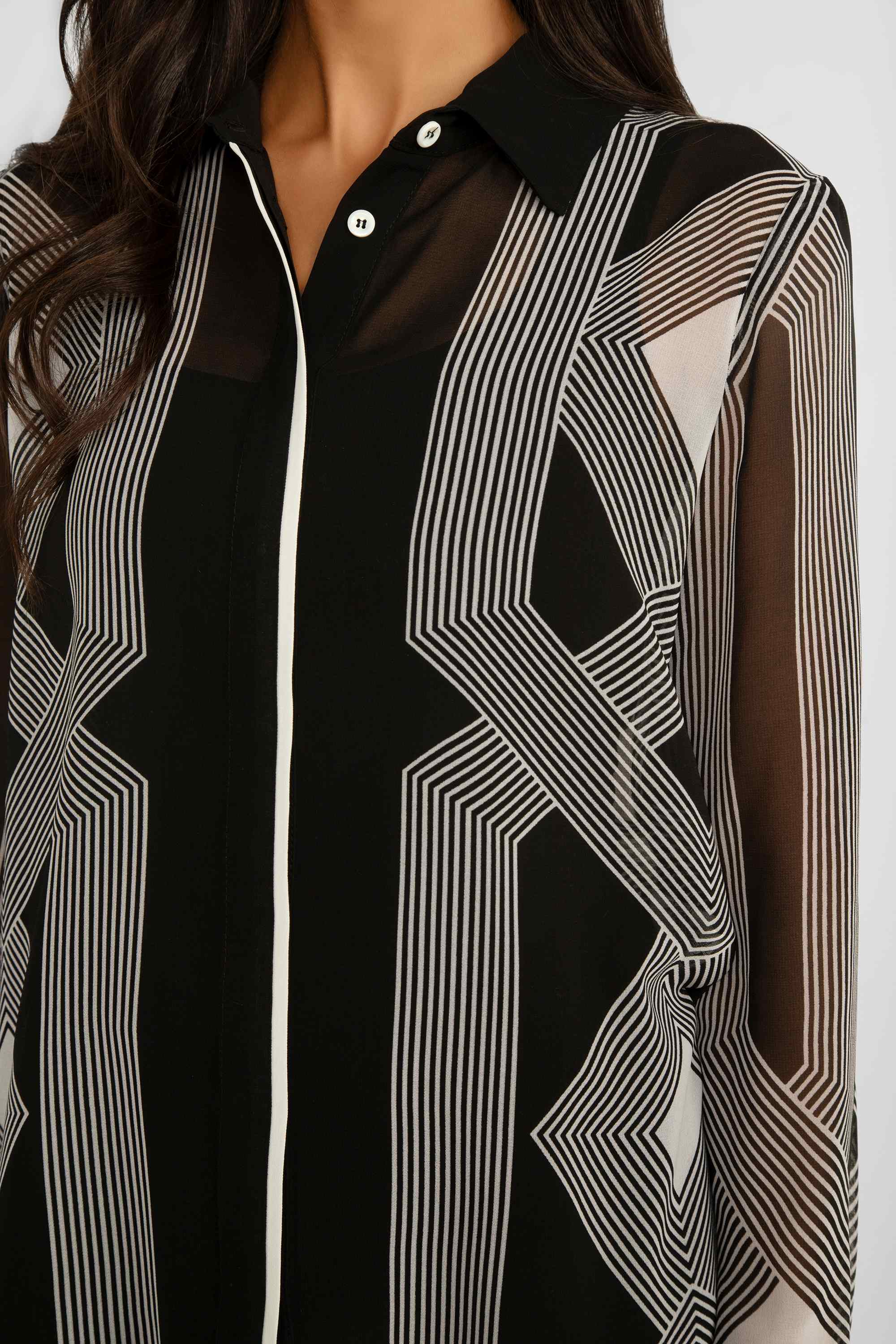 Frank Lyman (246453) Women's Long Sleeve Sheer Geometric Button Up Blouse in Black & White Geometric Print