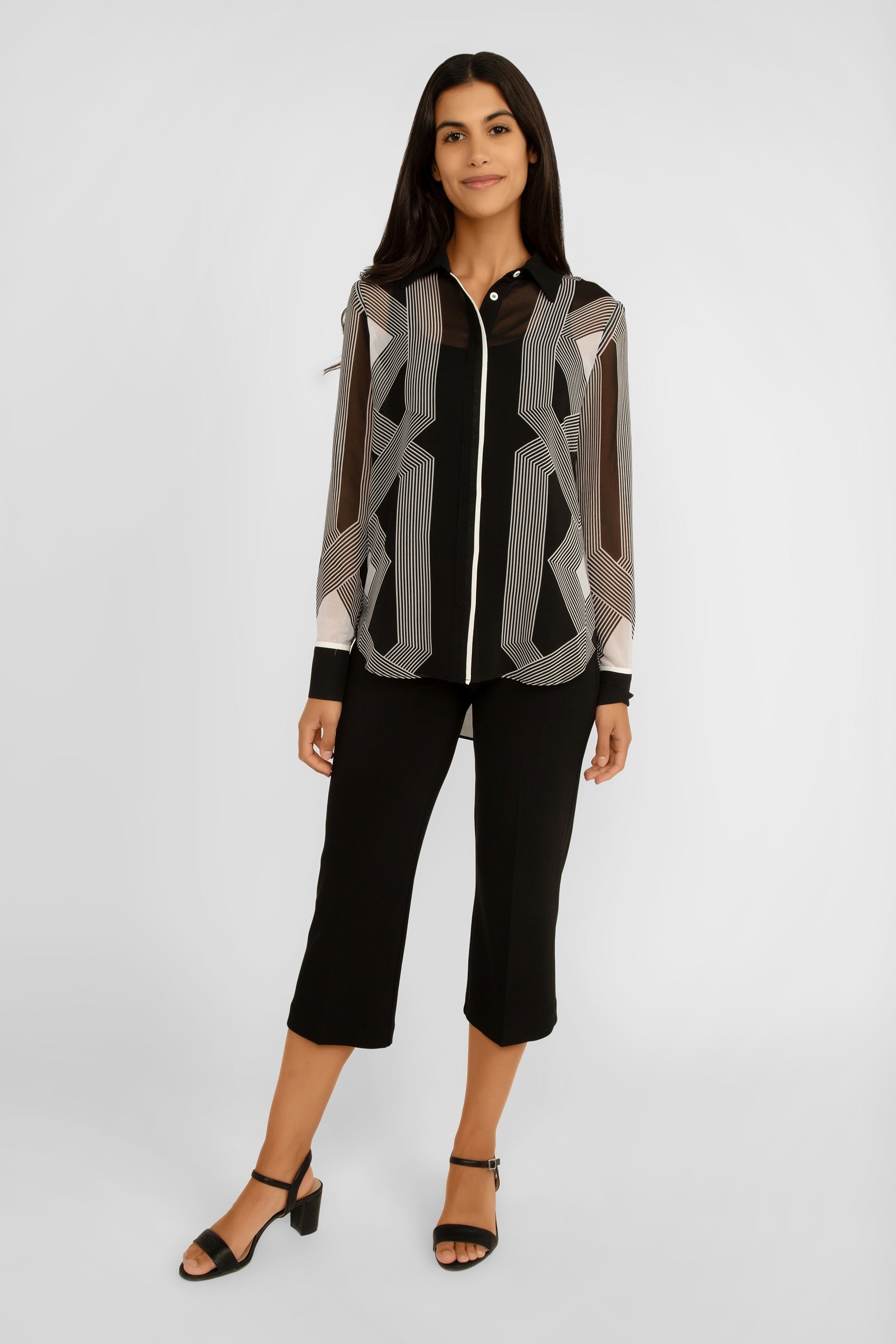 Frank Lyman (246453) Women's Long Sleeve Sheer Geometric Button Up Blouse in Black & White Geometric Print