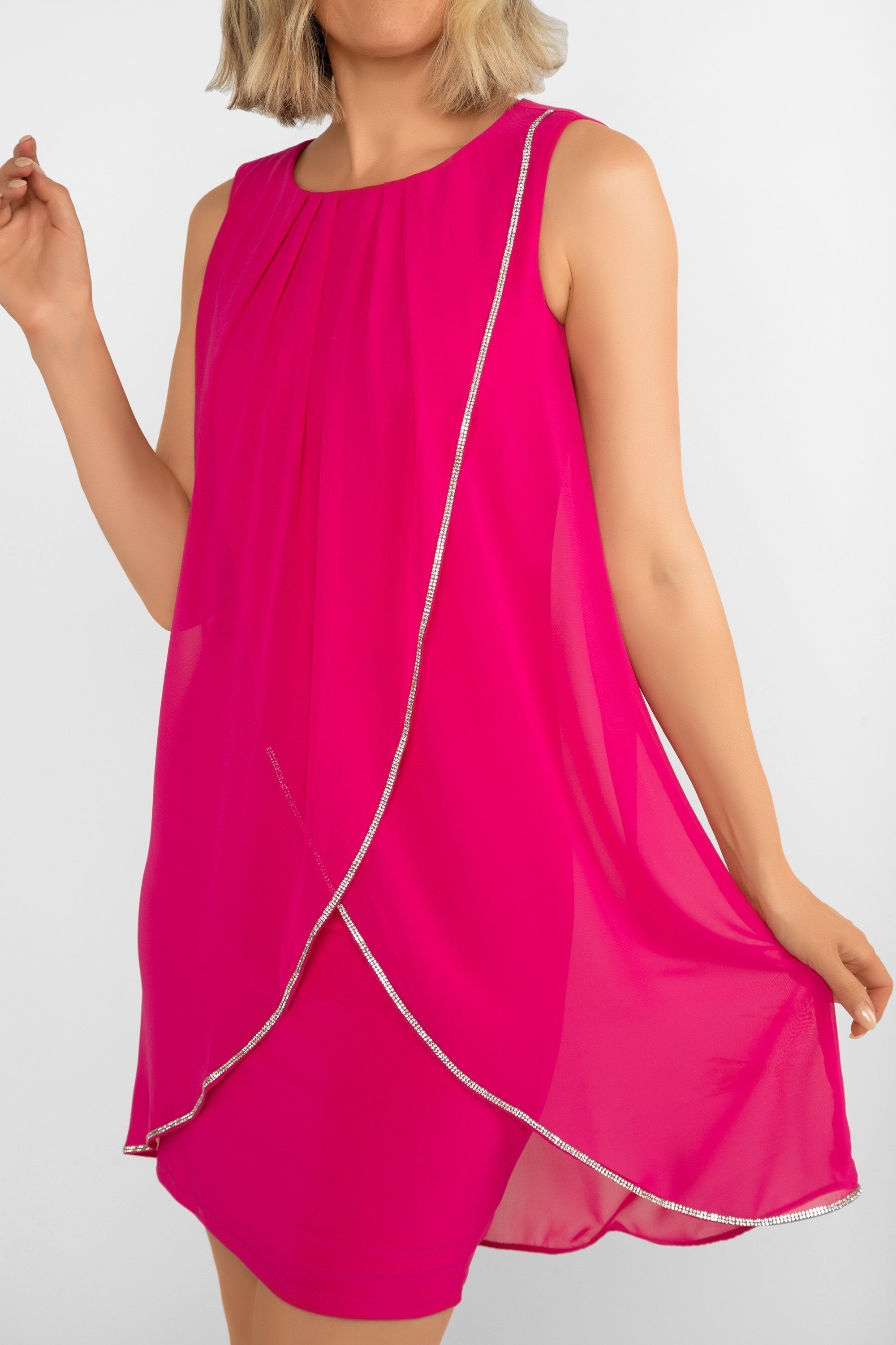 Frank Lyman (248298) Sleeveless Layered Dress With Rhinestone Trim in Hot Pink